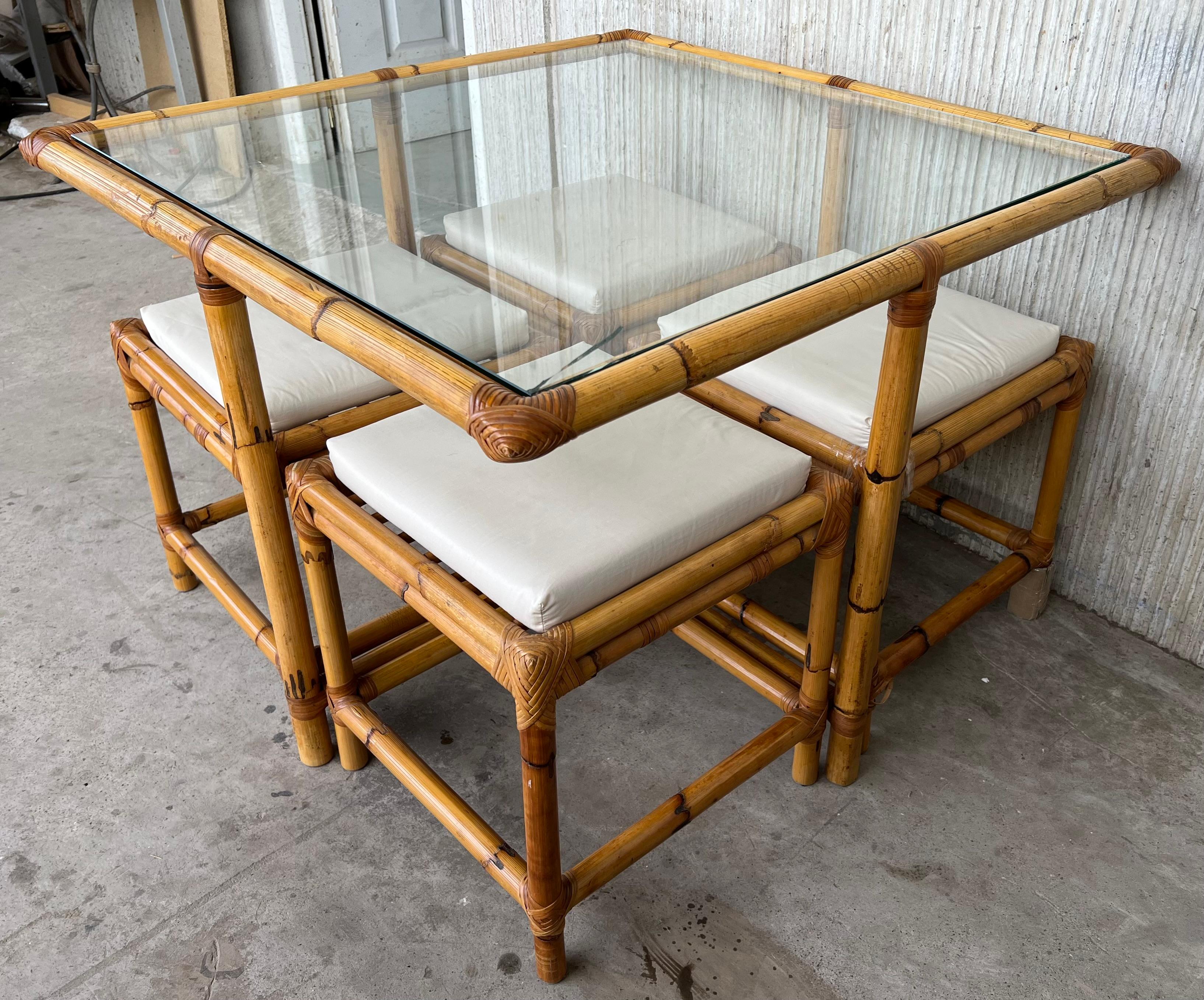 20th Century Vintage Square McGuire Style Bamboo and Glass Coffee Table and Nesting Benches