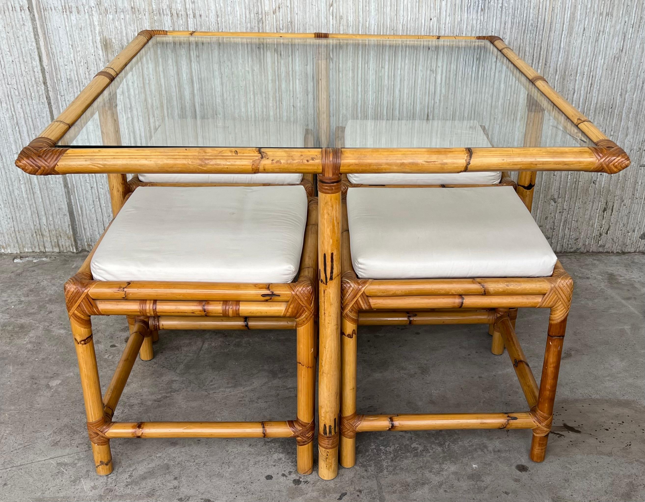 Vintage Square McGuire Style Bamboo and Glass Coffee Table and Nesting Benches 1