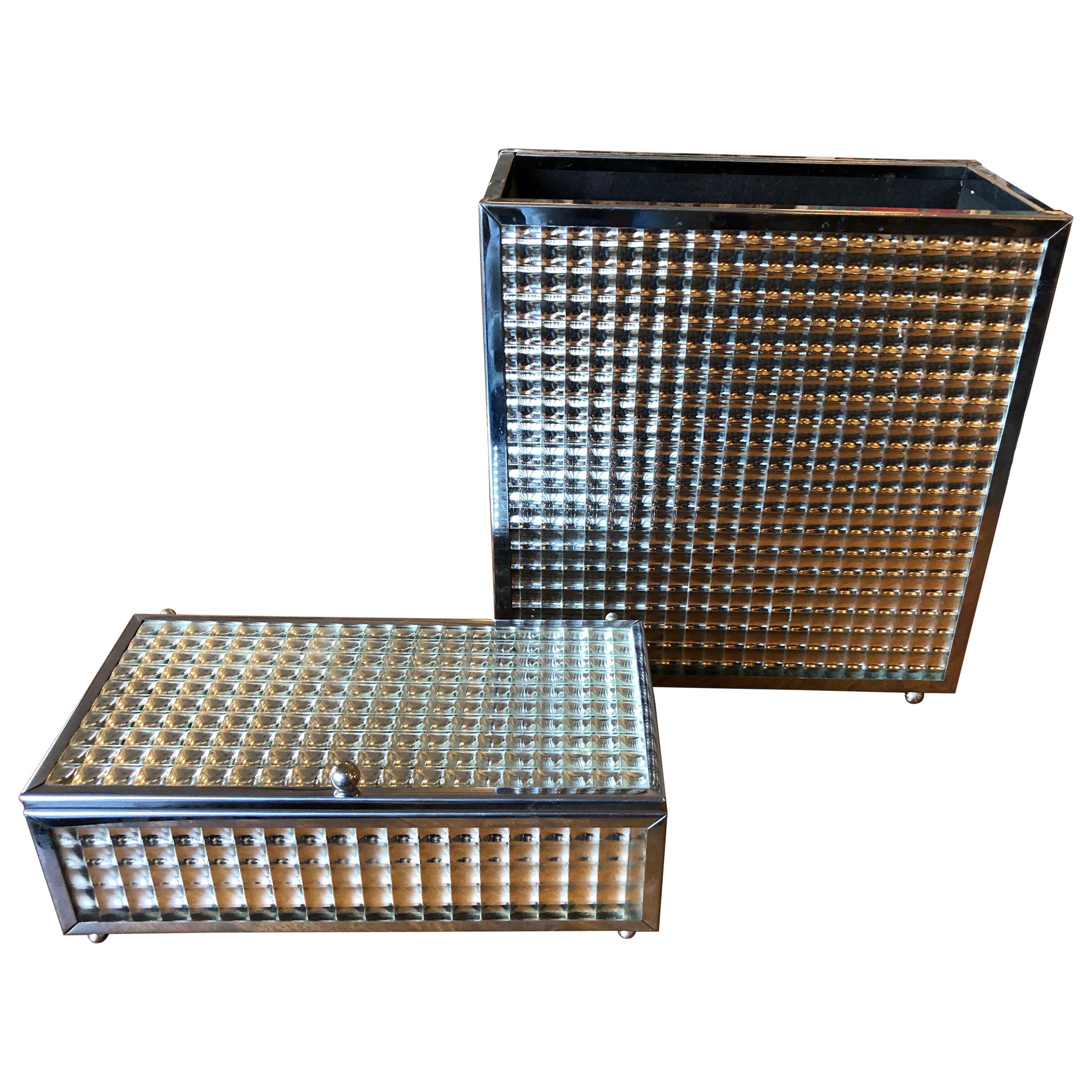 Vintage Square Mirrored Waste Paper Basket and Vanity Box Set For Sale
