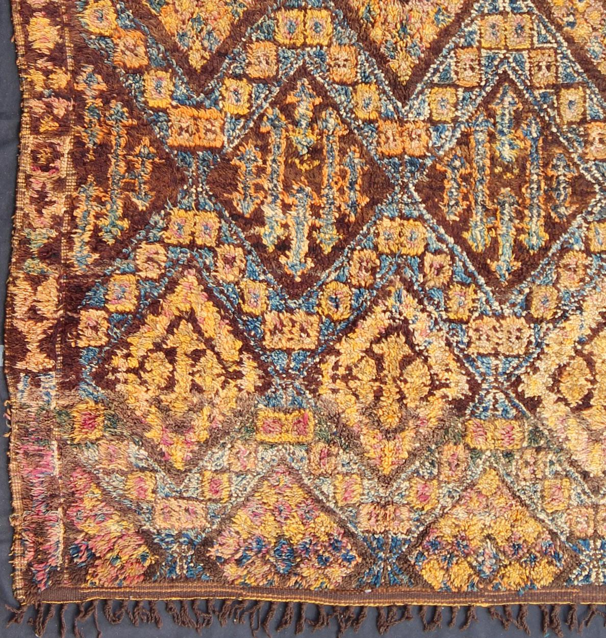 Tribal Vintage Square Moroccan Beni Ouarain In Earthy Tones With Pops of Blue and Gold For Sale