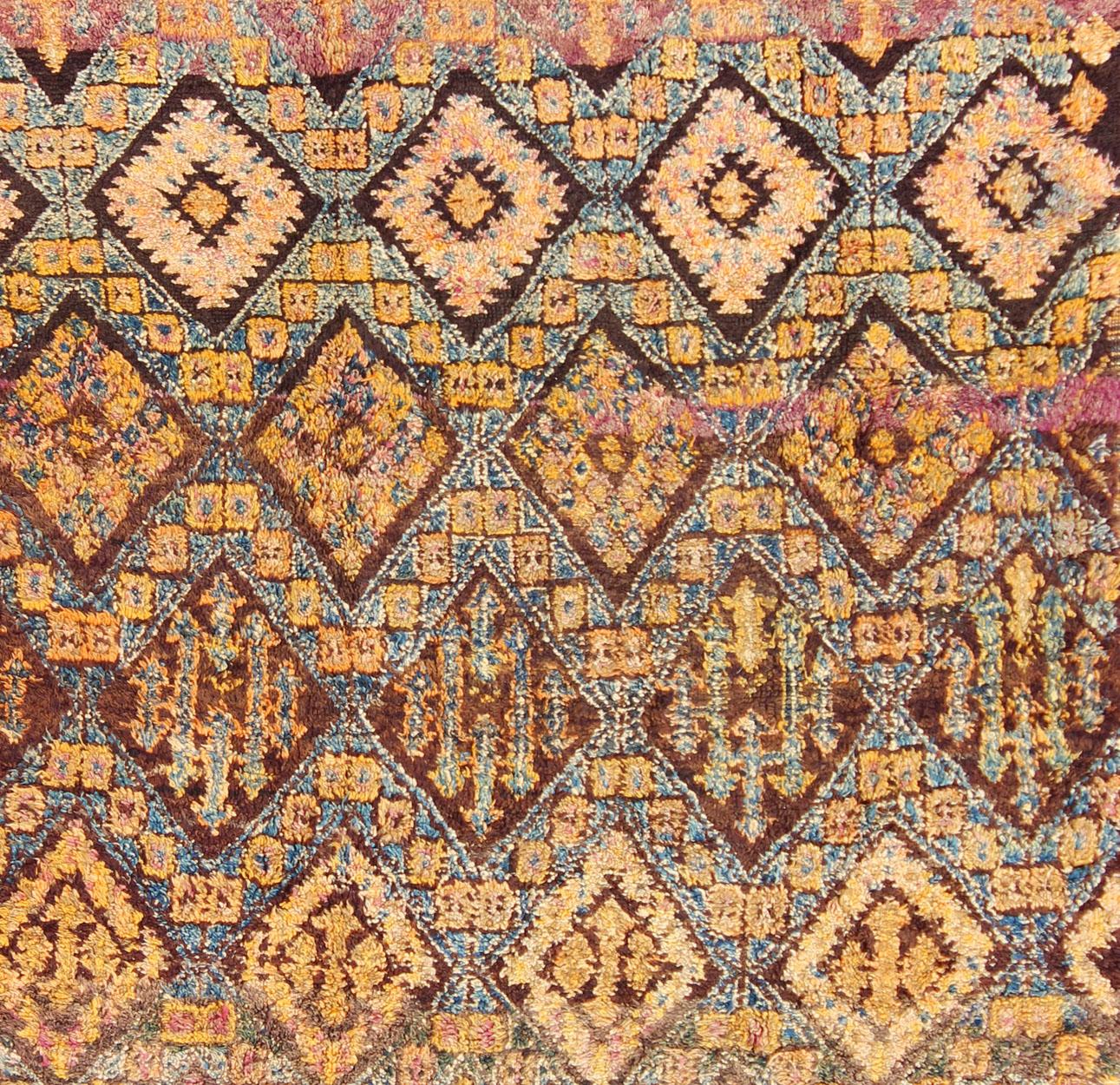 Hand-Knotted Vintage Square Moroccan Beni Ouarain In Earthy Tones With Pops of Blue and Gold For Sale
