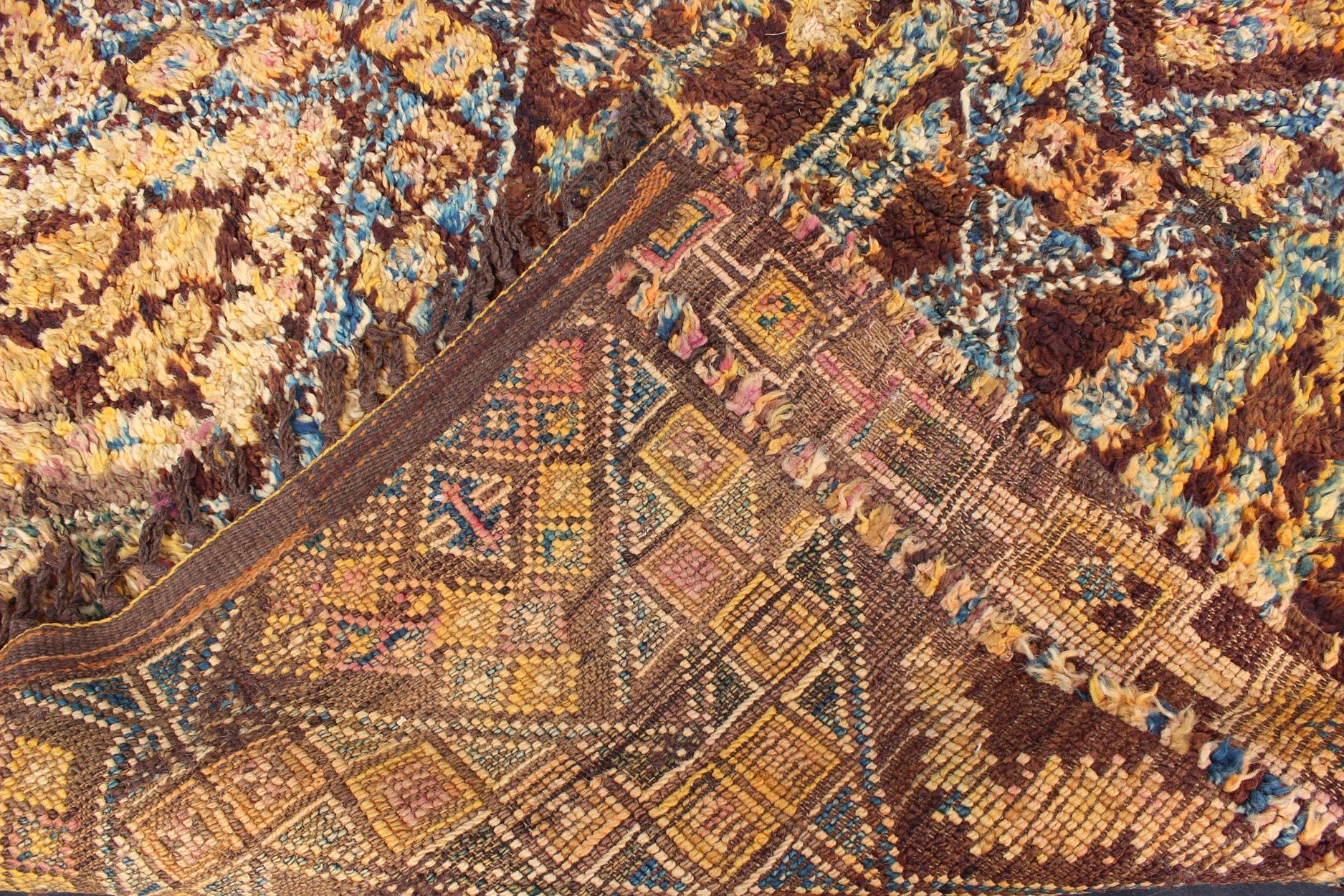 Mid-20th Century Vintage Square Moroccan Beni Ouarain In Earthy Tones With Pops of Blue and Gold For Sale