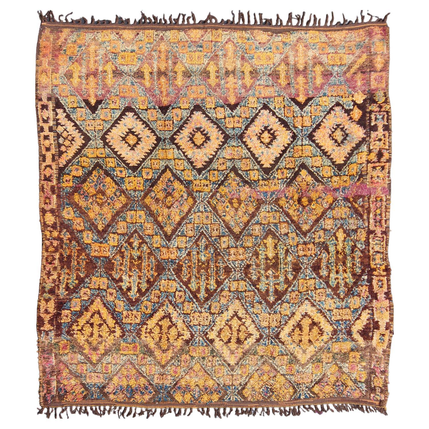 Vintage Square Moroccan Beni Ouarain In Earthy Tones With Pops of Blue and Gold For Sale