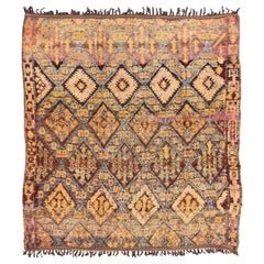 Vintage Square Moroccan Beni Ouarain In Earthy Tones With Pops of Blue and Gold