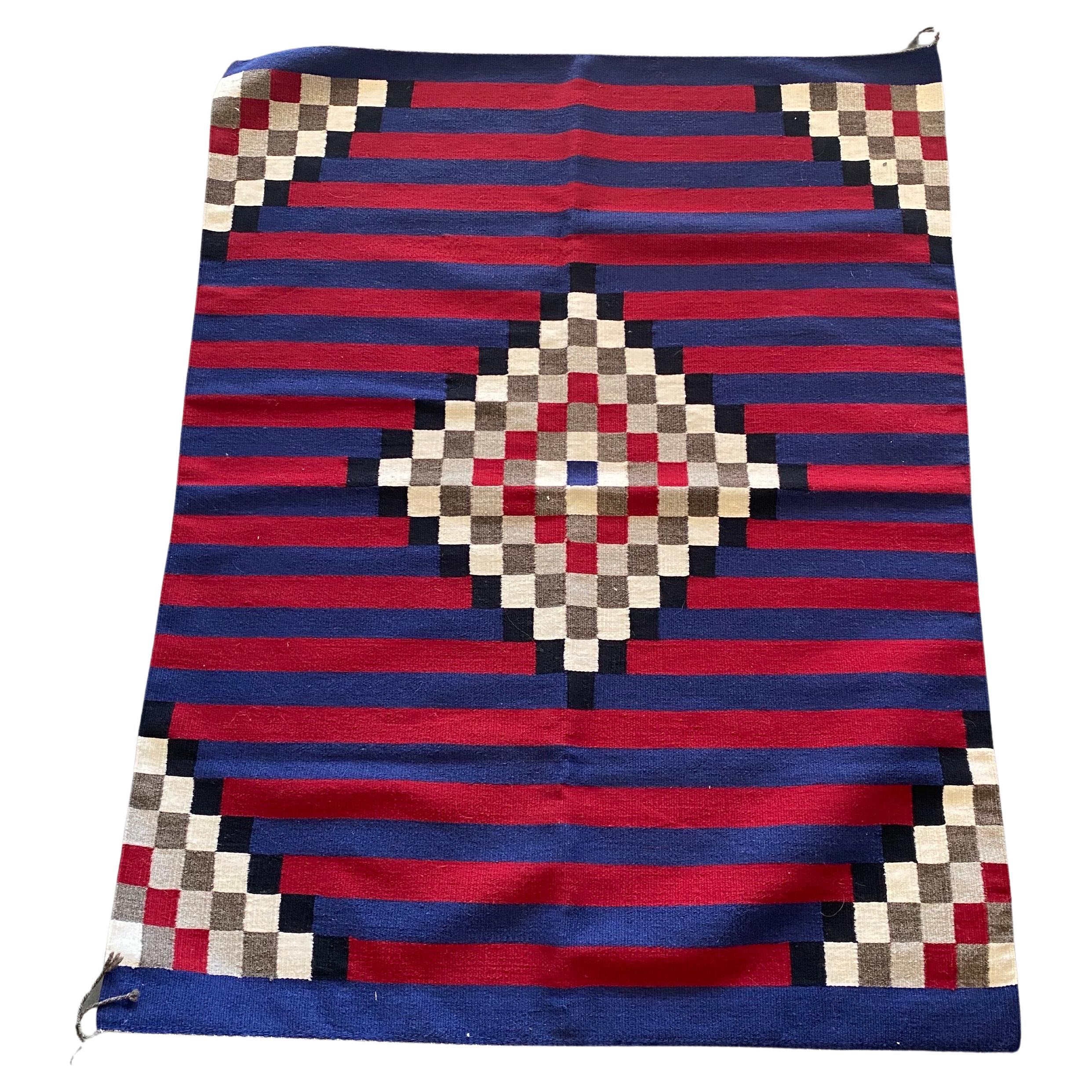 Vintage Square Pattern Hand Woven Navajo Style Wool Rug For Sale