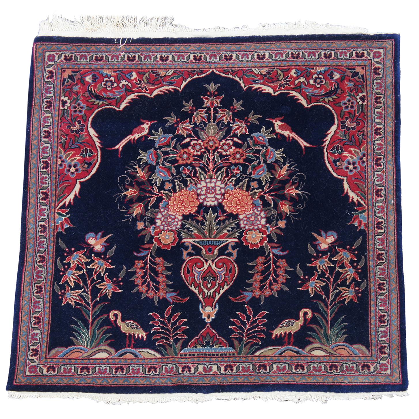 Vintage Square Persian Vase Floral Bird & Butterfly Area Rug Carpet Mat Urn For Sale