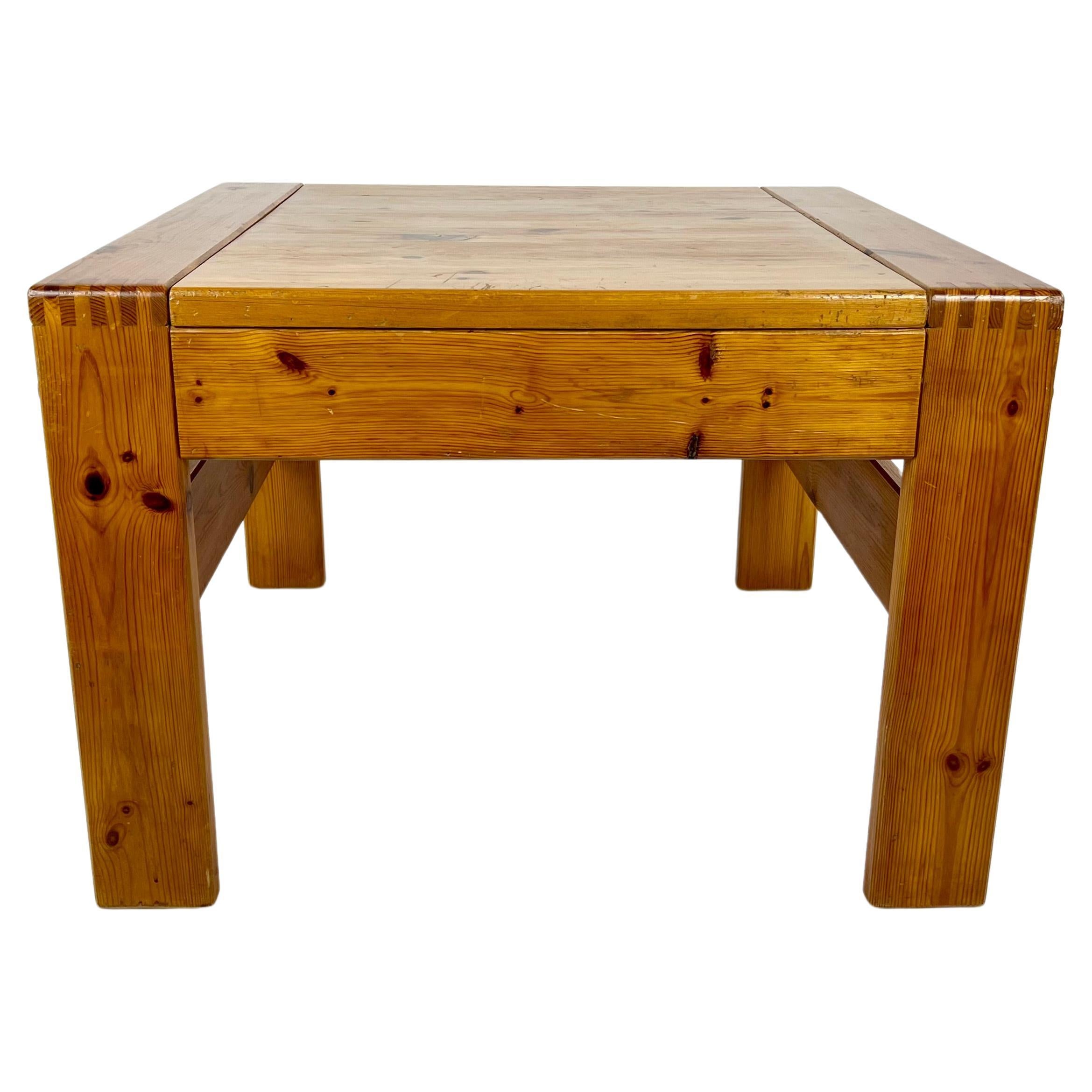 Vintage square pine coffee table, France 1970s For Sale