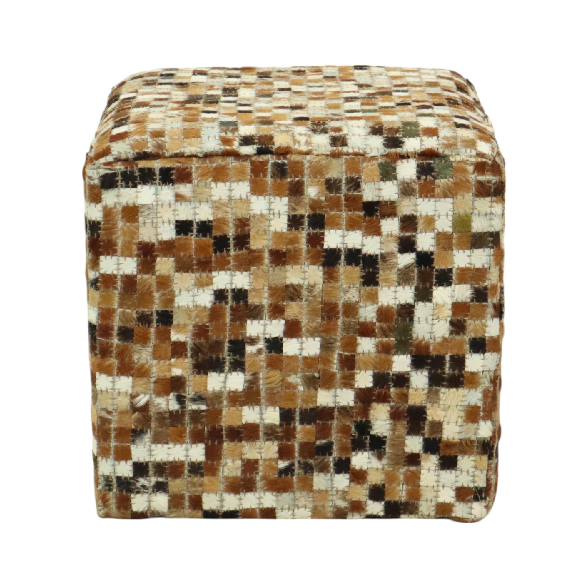 Vintage square ottoman with a patchwork mosaic pattern, made from small goatskin scraps, from the second half of the 20th century.

This piece has a beautiful design, and the contrast between the different colors and textures is very appealing. It's