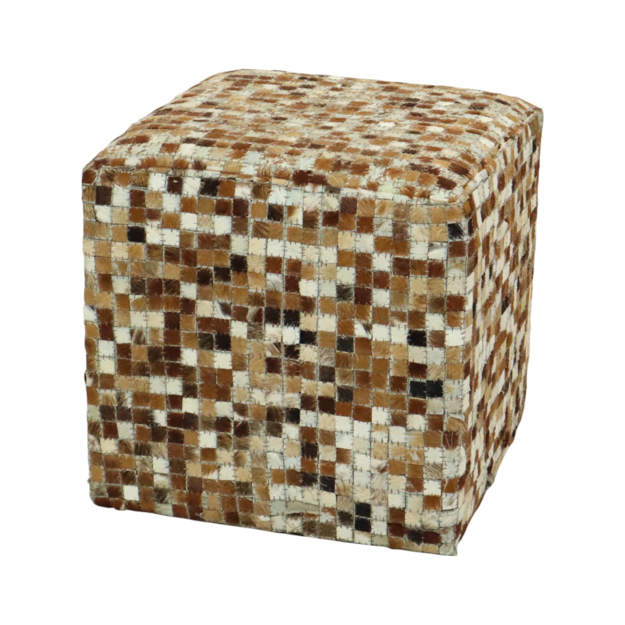 European Vintage Square Pouf Goat Leather Patchwork Mosaic Pattern For Sale