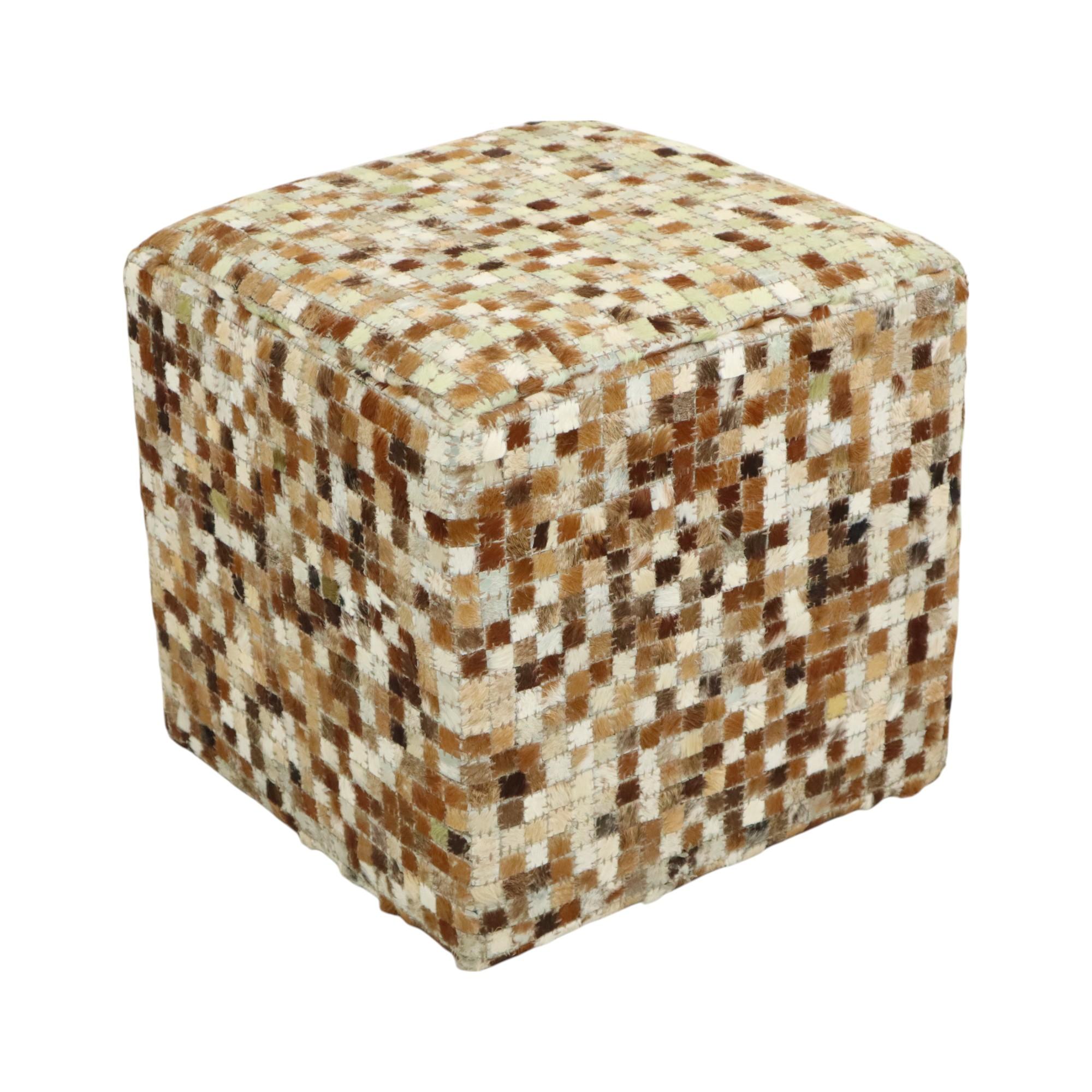 European Vintage Square Pouf Goat Leather Patchwork Mosaic Pattern For Sale