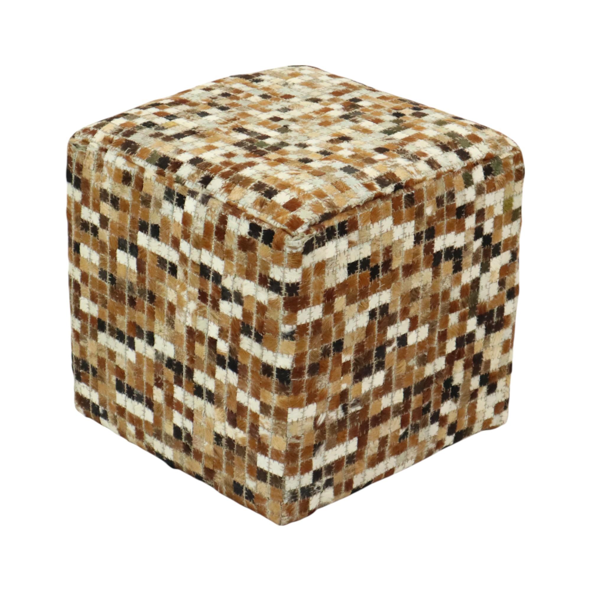 European Vintage Square Pouf Goat Leather Patchwork Mosaic Pattern For Sale
