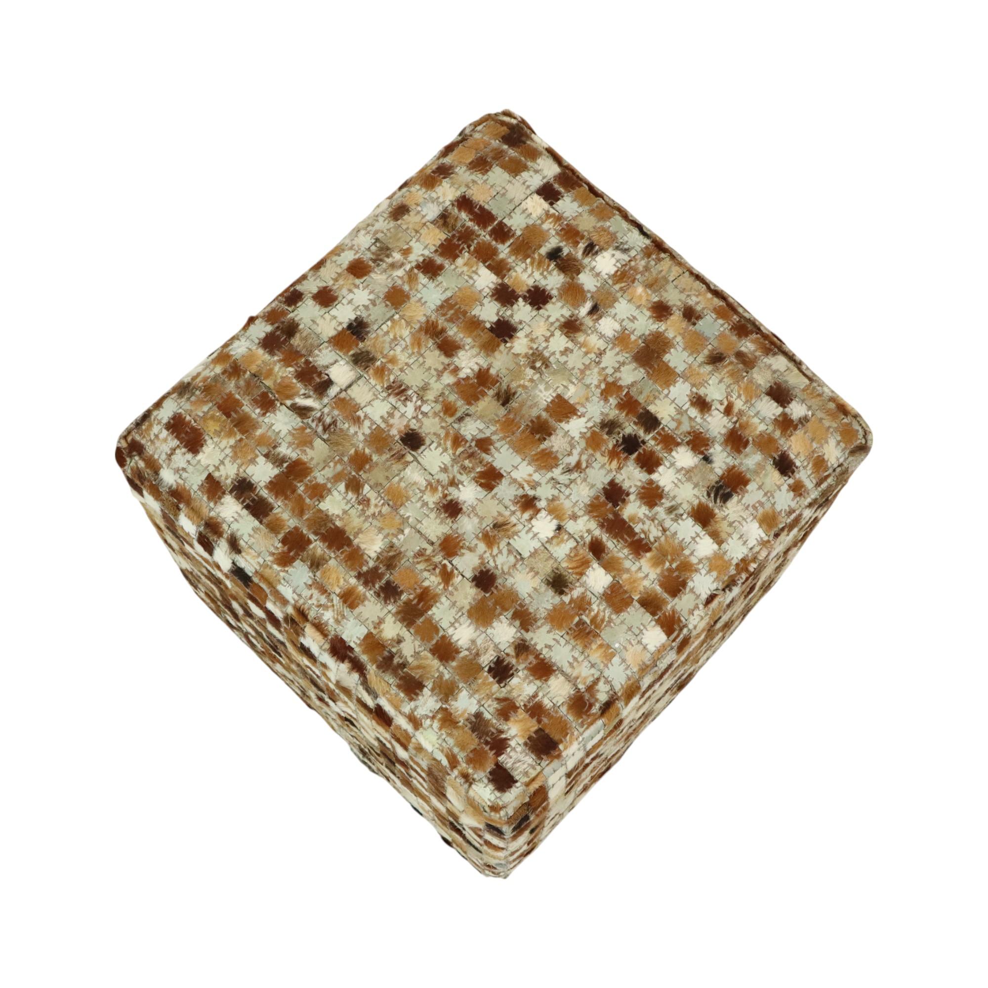 Vintage Square Pouf Goat Leather Patchwork Mosaic Pattern In Good Condition For Sale In Poperinge, BE