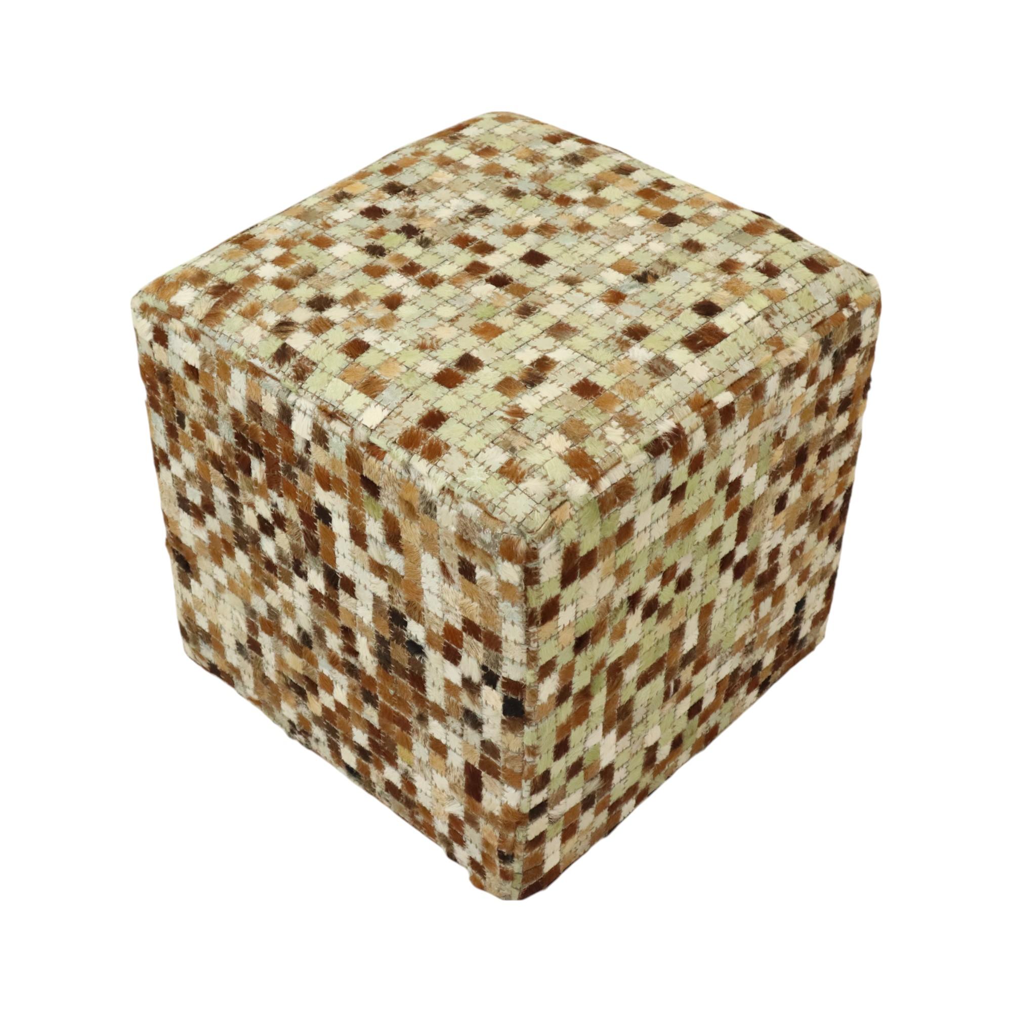 Vintage Square Pouf Goat Leather Patchwork Mosaic Pattern In Good Condition For Sale In Poperinge, BE