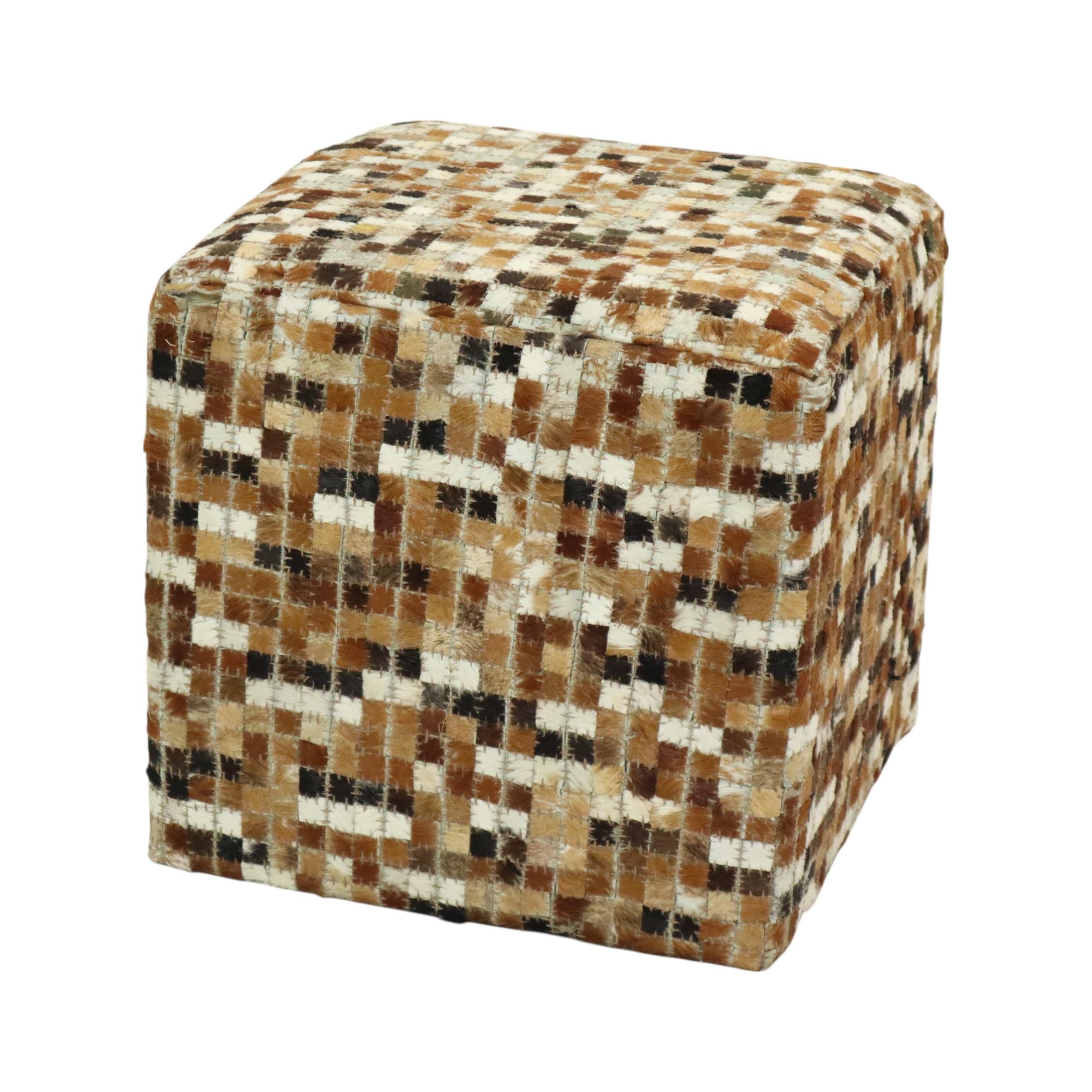 Vintage Square Pouf Goat Leather Patchwork Mosaic Pattern In Good Condition For Sale In Poperinge, BE
