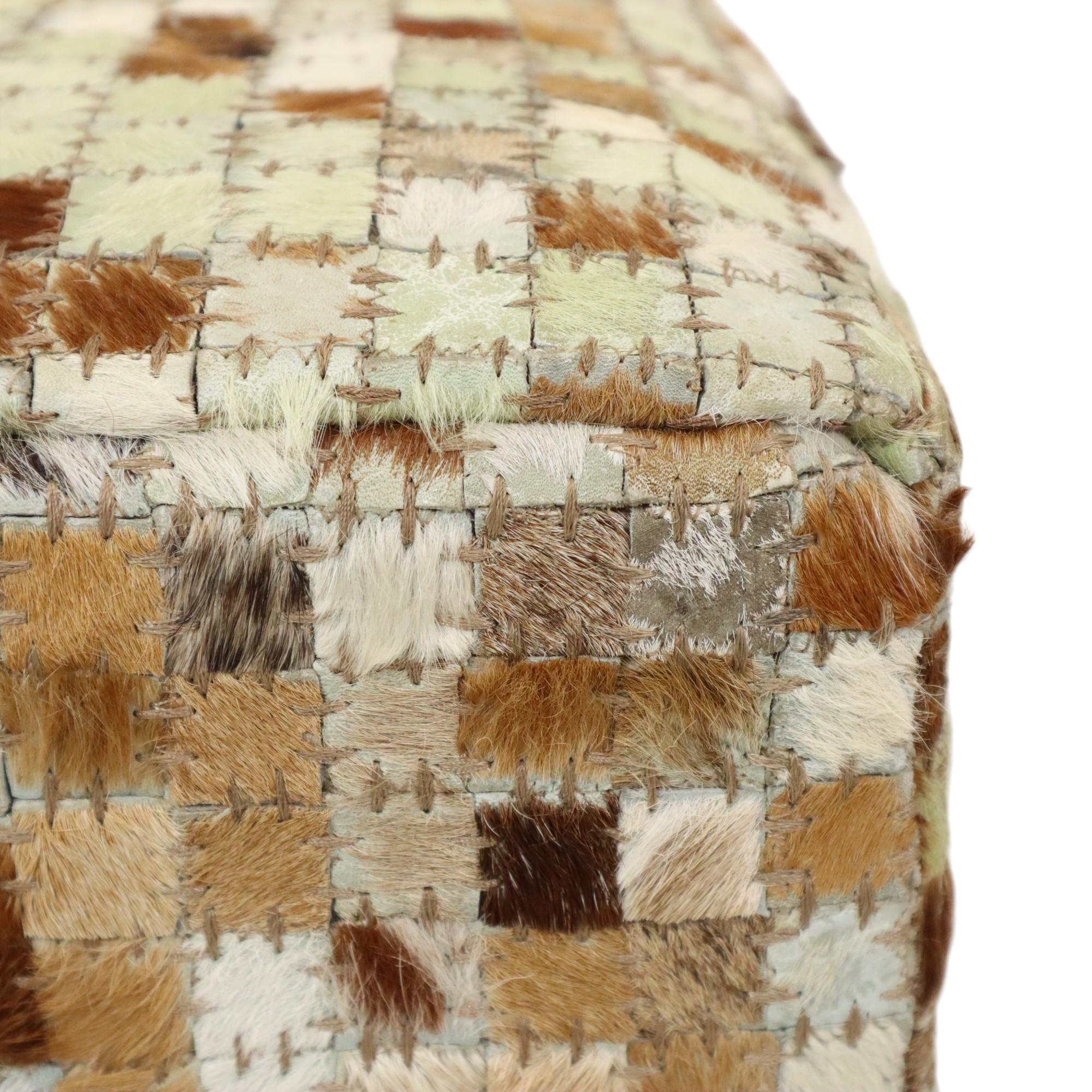 Mid-20th Century Vintage Square Pouf Goat Leather Patchwork Mosaic Pattern For Sale