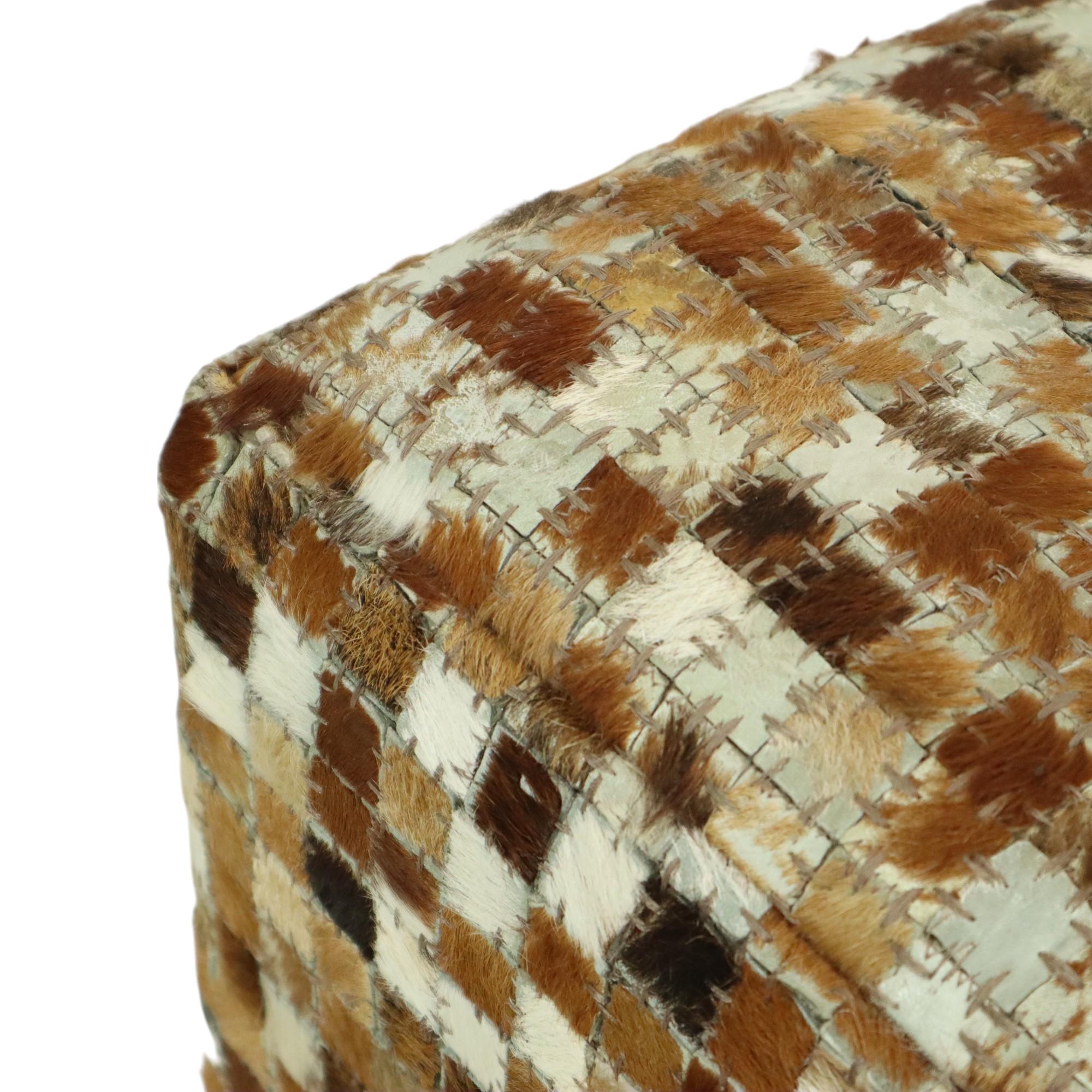 Vintage Square Pouf Goat Leather Patchwork Mosaic Pattern For Sale 1