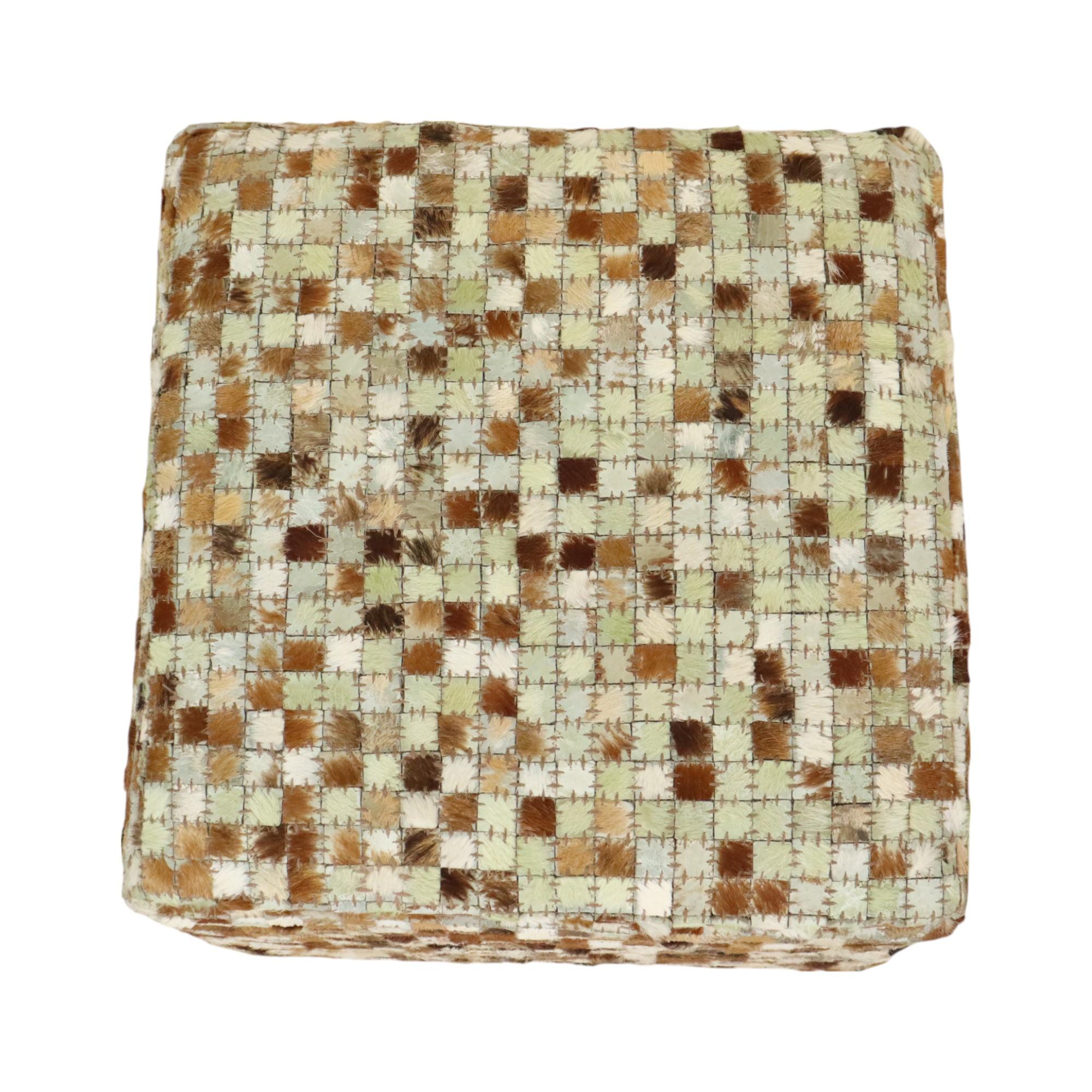 Vintage Square Pouf Goat Leather Patchwork Mosaic Pattern For Sale 1