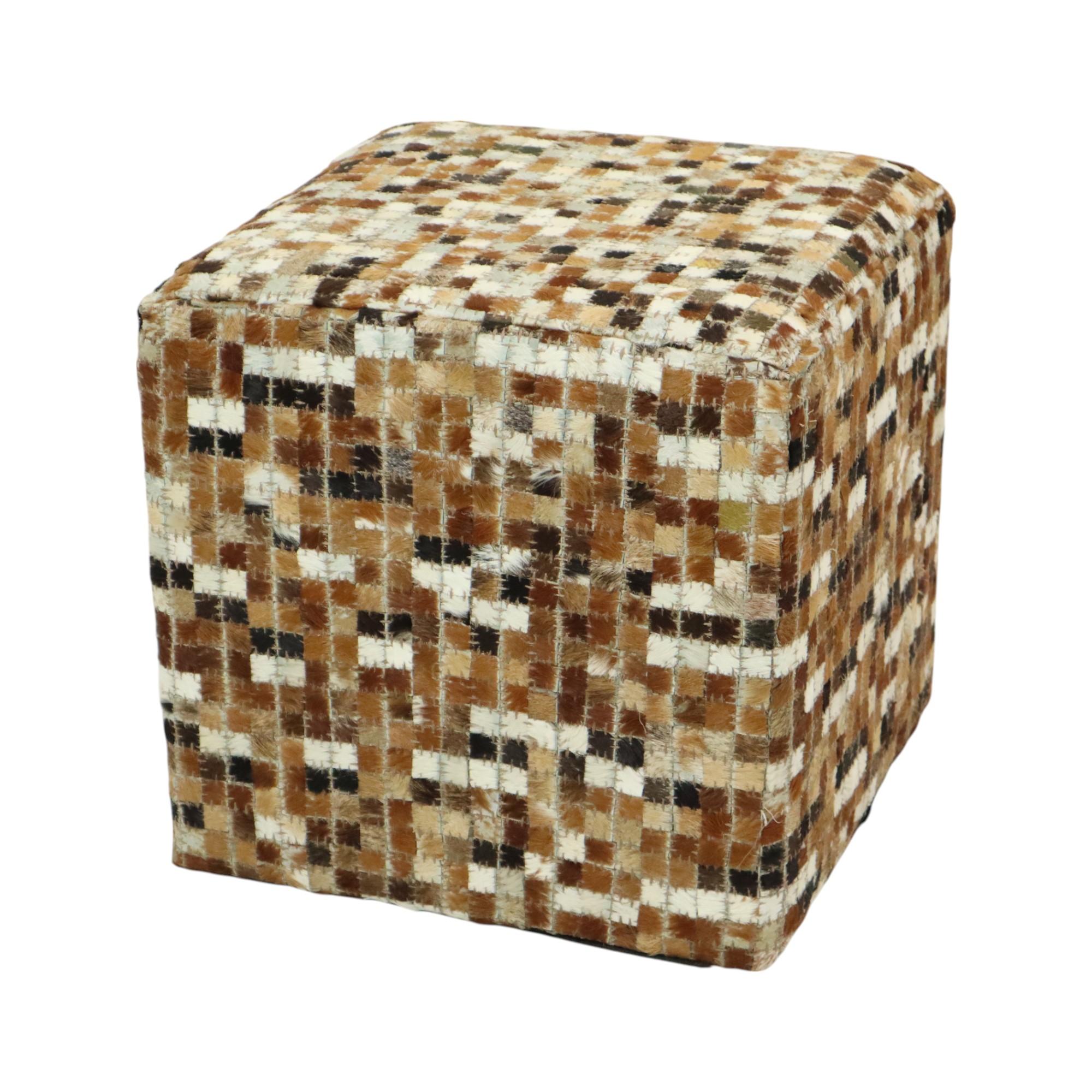 Vintage Square Pouf Goat Leather Patchwork Mosaic Pattern For Sale 1
