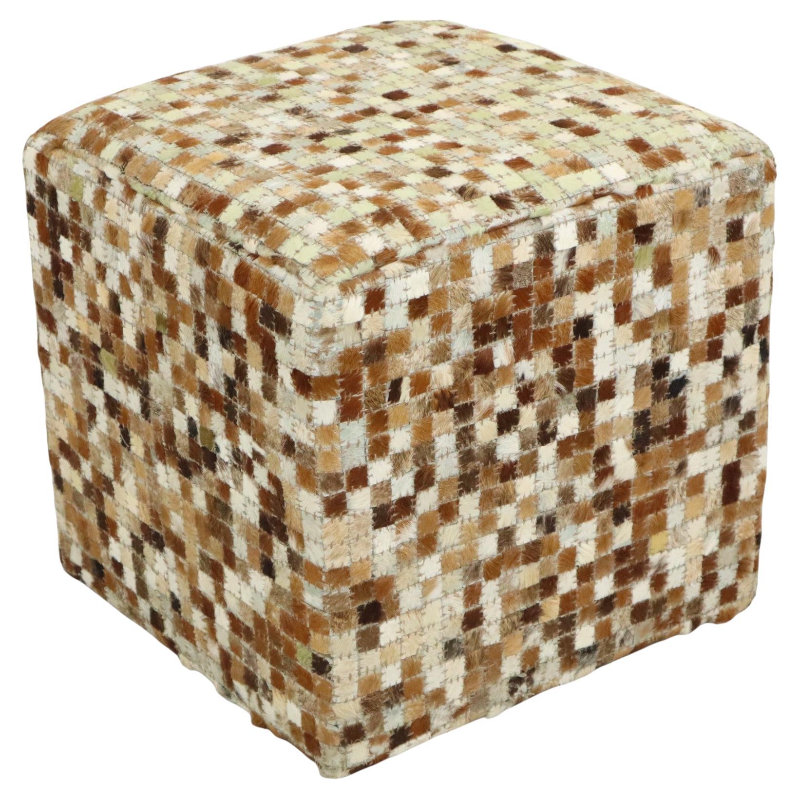 Vintage Square Pouf Goat Leather Patchwork Mosaic Pattern For Sale