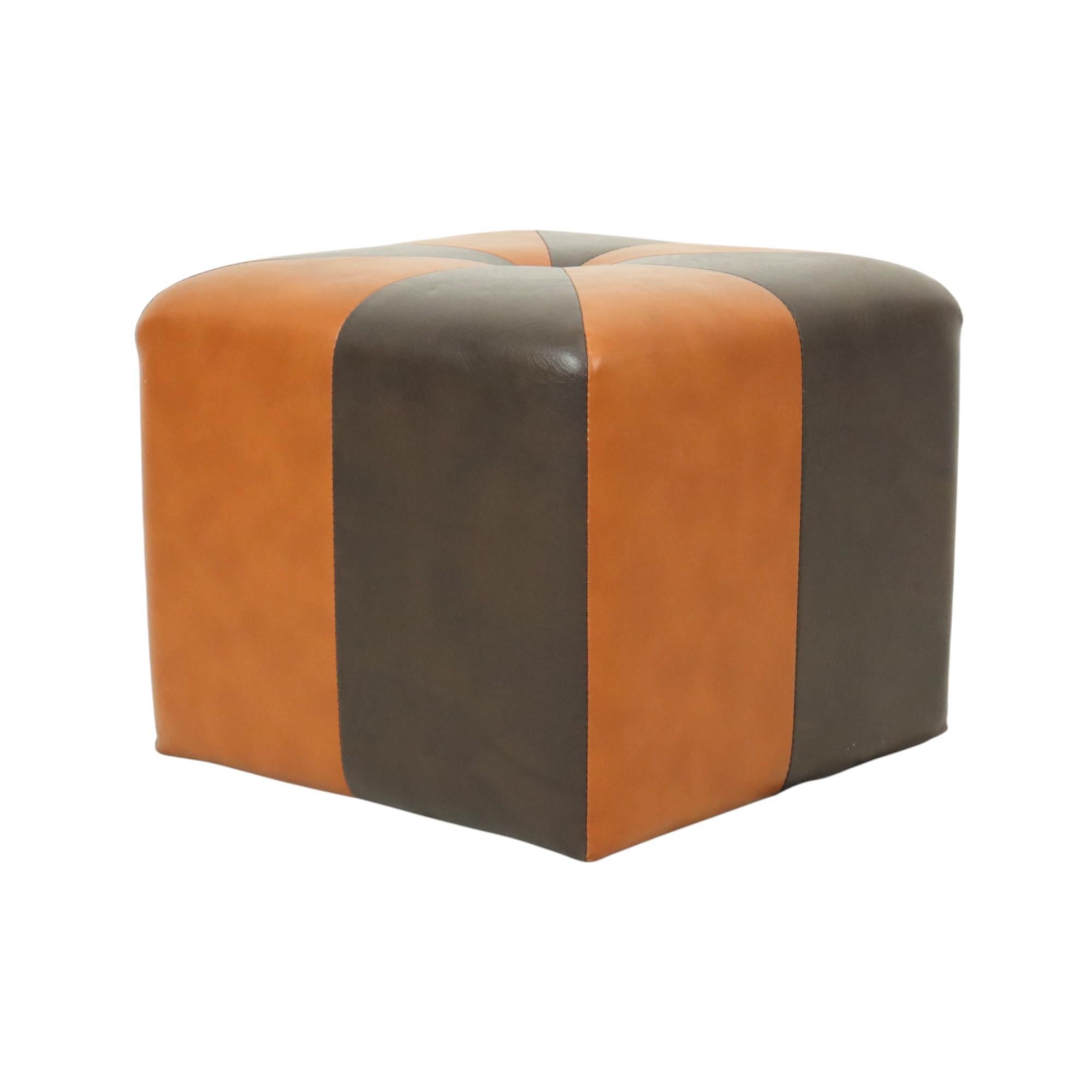 Vintage Square Pouf Skai Faux Leather Brown Patchwork 41cm For Sale 5