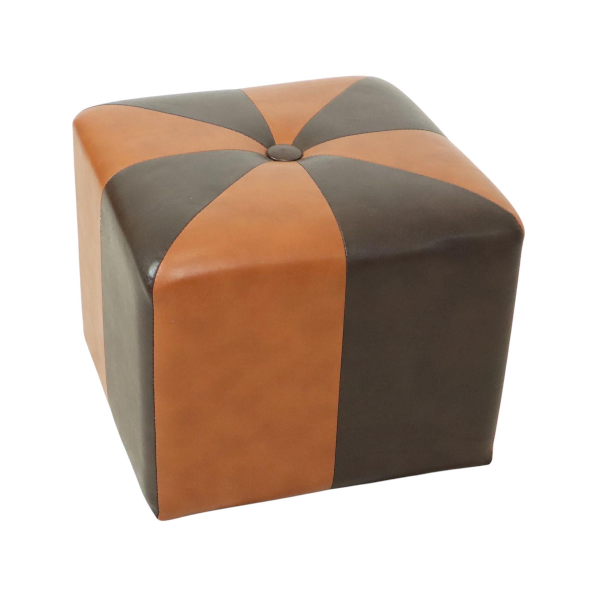 Belgian Vintage Square Pouf Skai Faux Leather Brown Patchwork 41cm For Sale