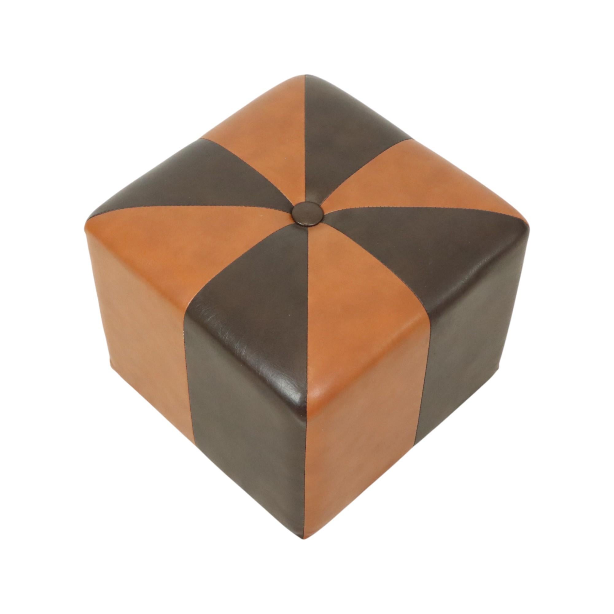 Vintage Square Pouf Skai Faux Leather Brown Patchwork 41cm In Good Condition For Sale In Poperinge, BE