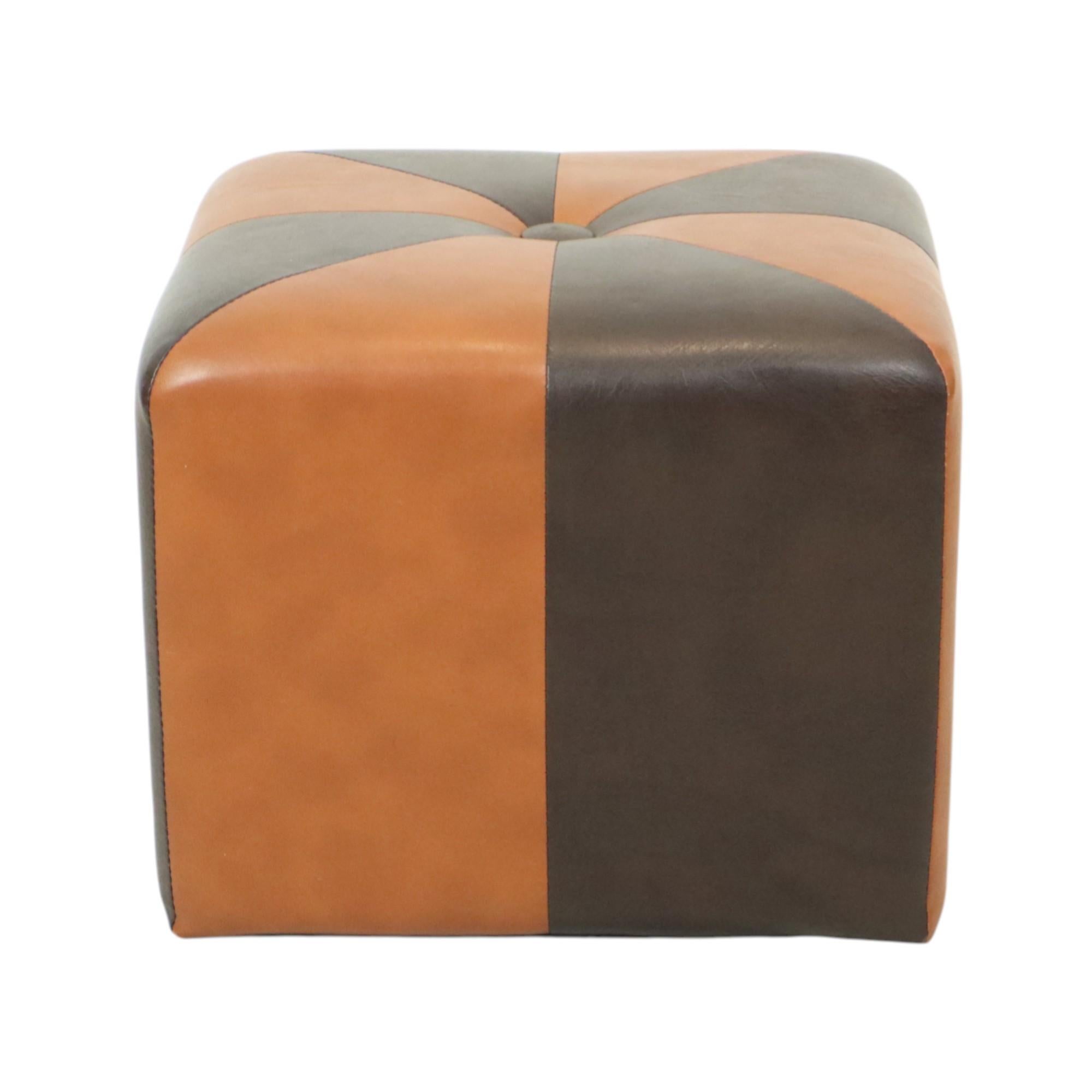 20th Century Vintage Square Pouf Skai Faux Leather Brown Patchwork 41cm For Sale