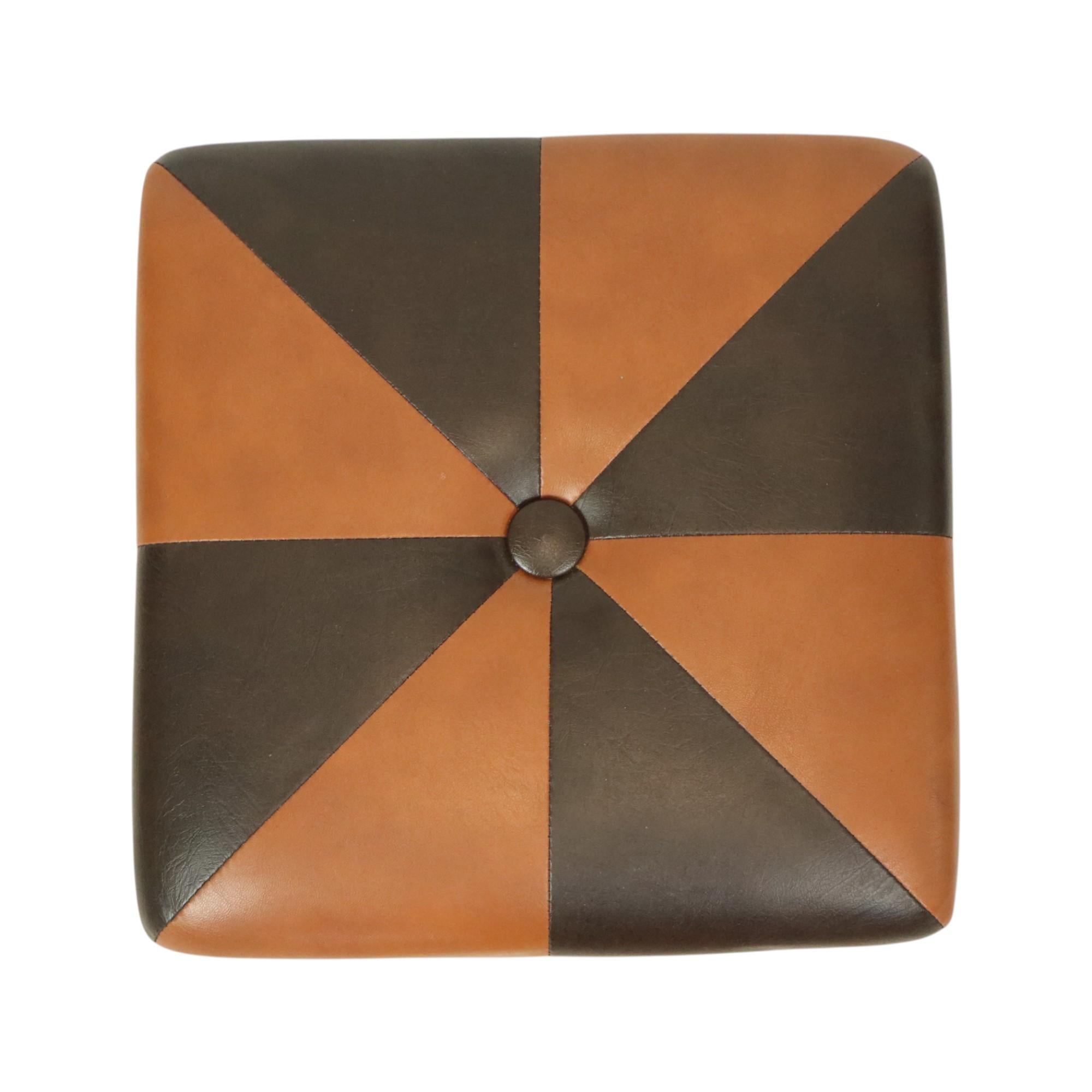 Vintage Square Pouf Skai Faux Leather Brown Patchwork 41cm For Sale 1