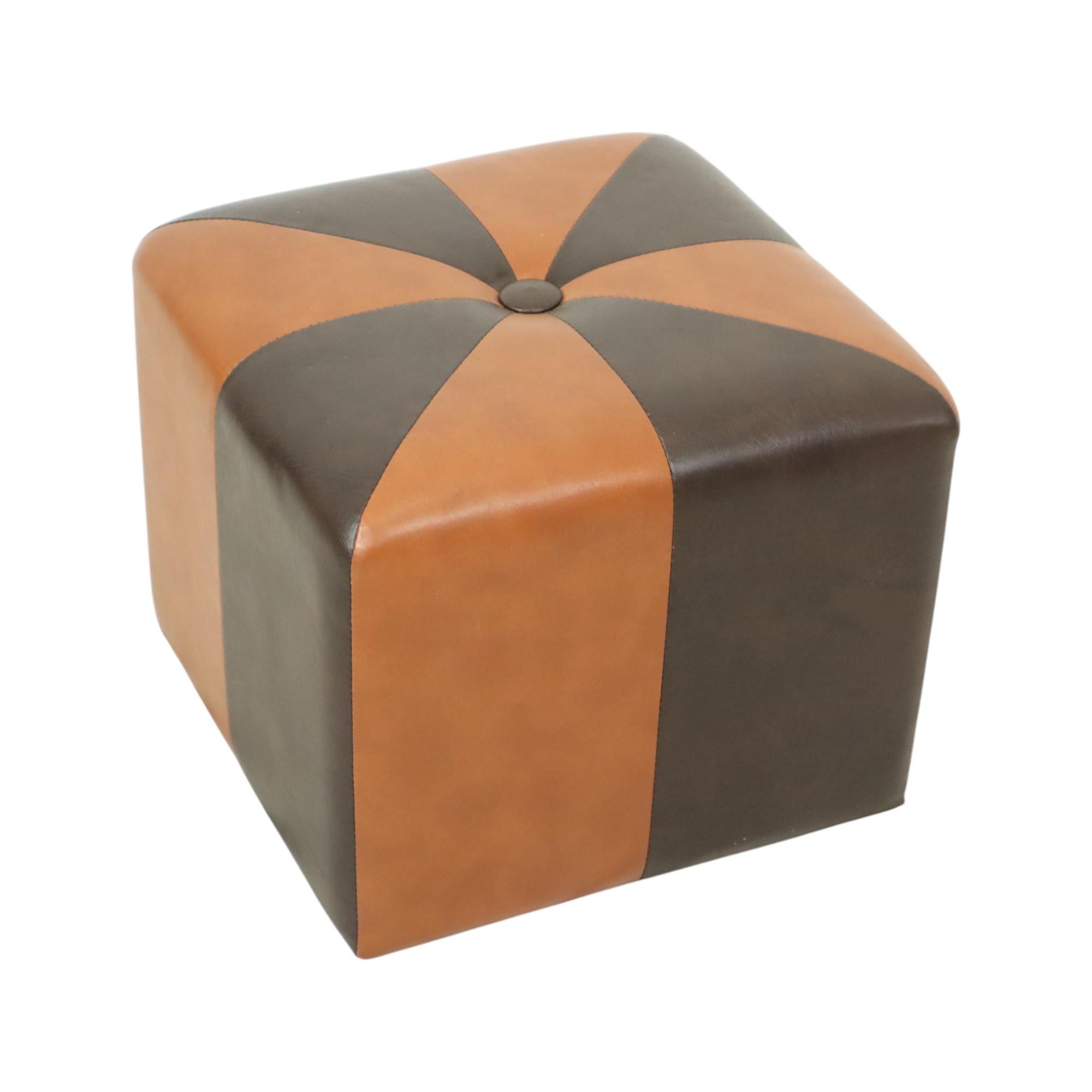 Vintage Square Pouf Skai Faux Leather Brown Patchwork 41cm For Sale 2