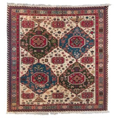 Vintage Square Red Ivory Green Blue Geometric Tribal Caucasian Soumak Rug