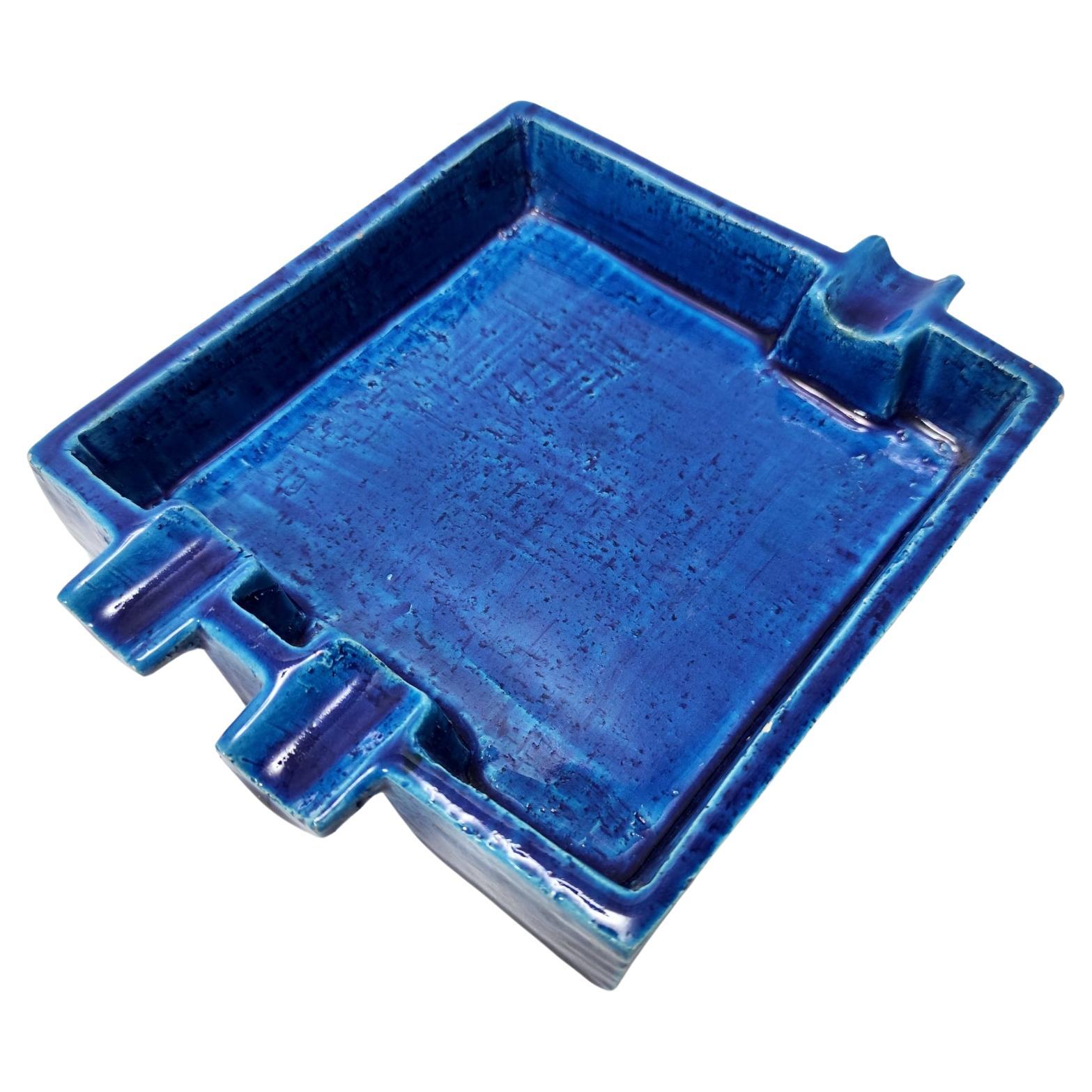 Vintage Square Rimini Blue Ceramic Ashtray by Aldo Londi for Bitossi, Italy
