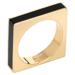 Vintage Square Ring 14k Yellow Gold Geometric Stacking Band Black Onyx