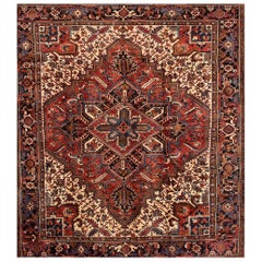 Vintage Square Rust and Blue Persian Heriz Carpet