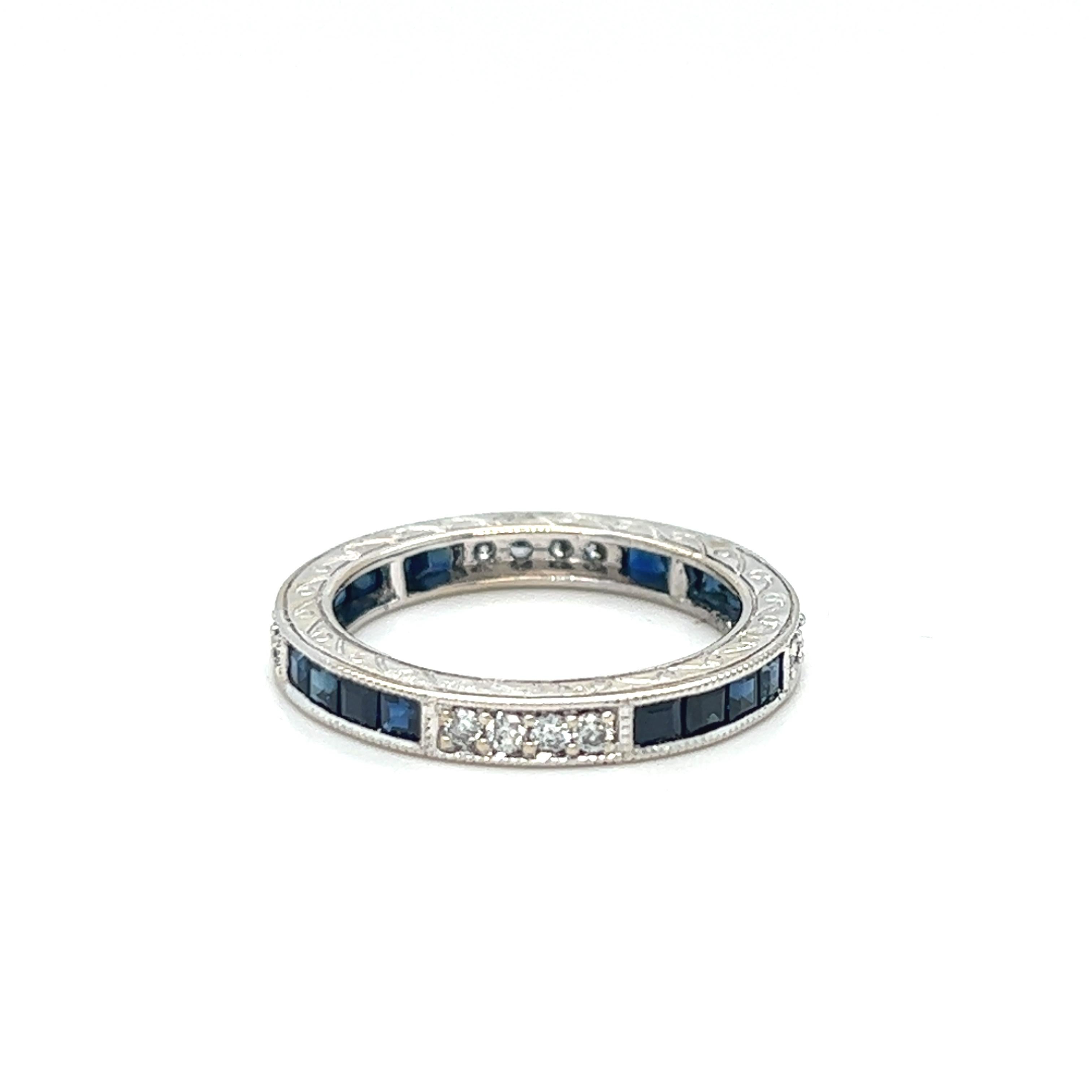 Square Cut Vintage Square Sapphire and Diamond Channel Set Eternity Ring 18K White Gold For Sale