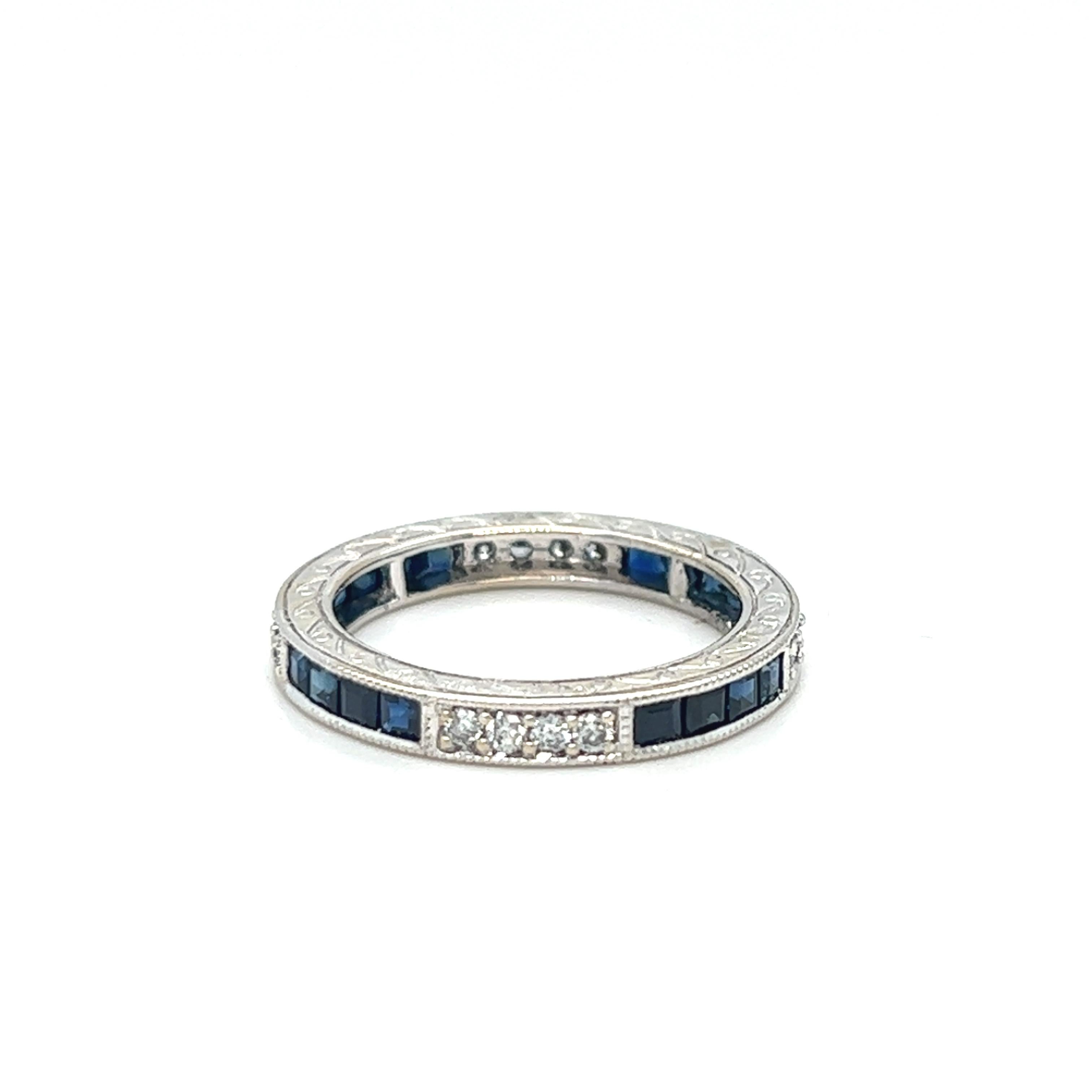 Square Cut Antique Square Sapphire and Diamond Channel Set Eternity Ring 18K White Gold