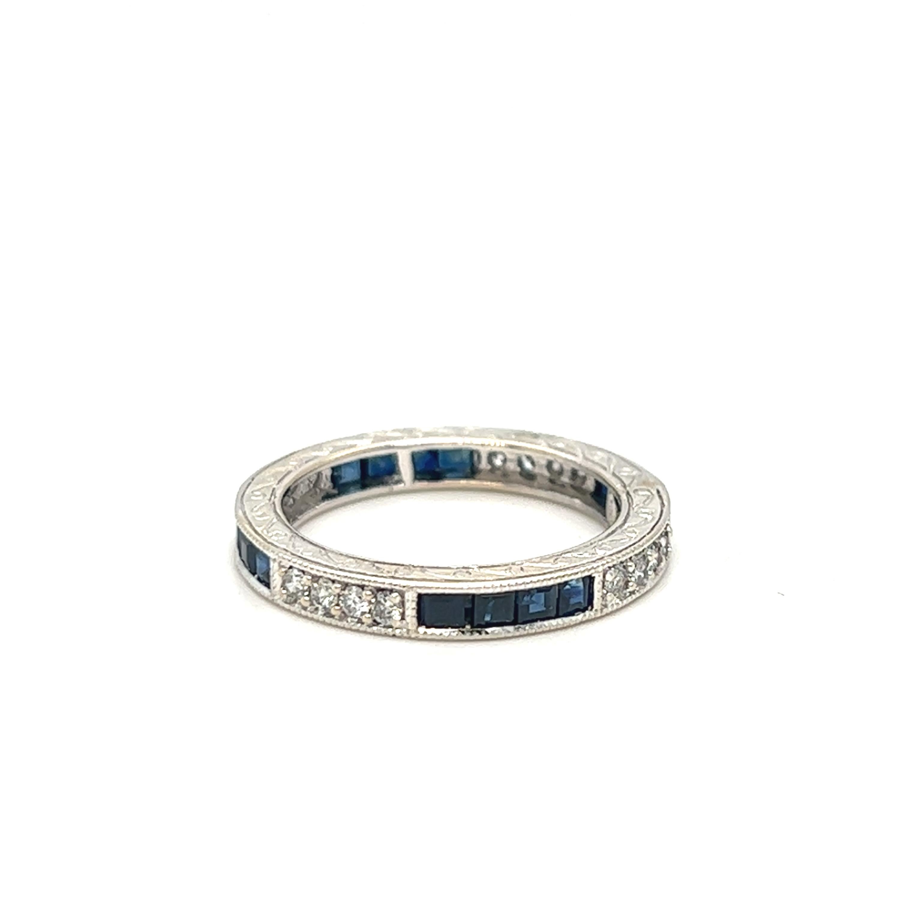 Vintage Square Sapphire and Diamond Channel Set Eternity Ring 18K White Gold In Excellent Condition For Sale In beverly hills, CA