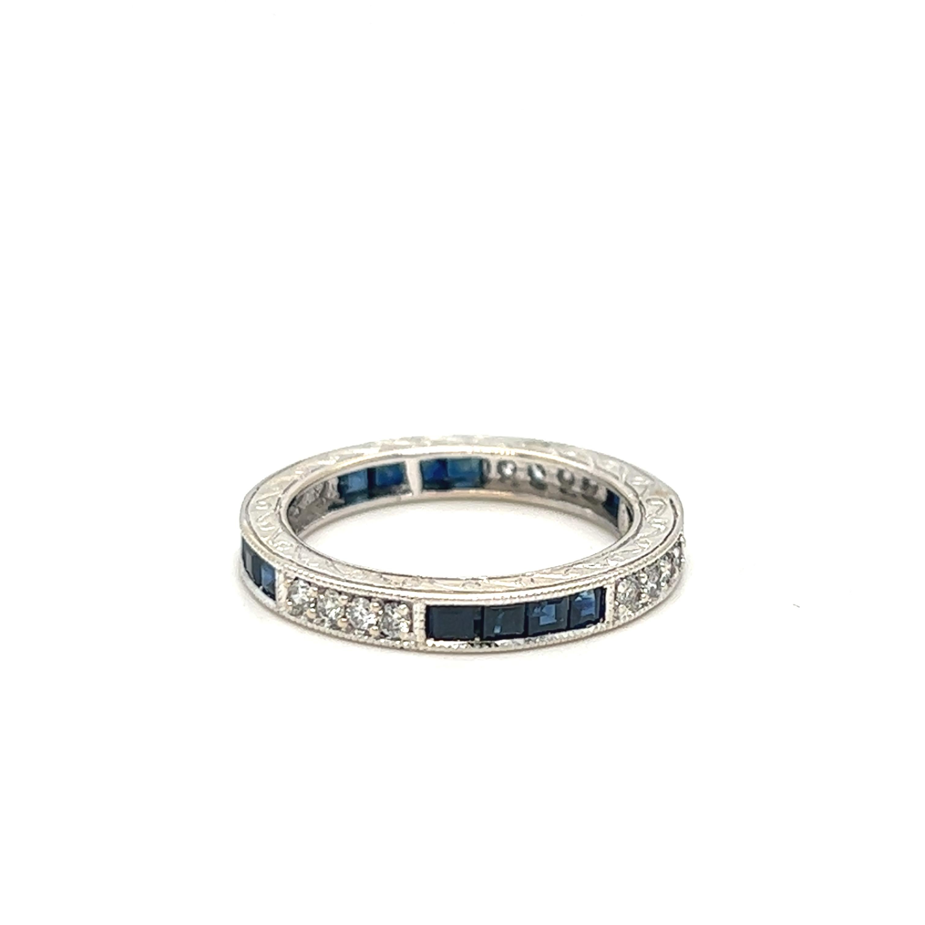 Antique Square Sapphire and Diamond Channel Set Eternity Ring 18K White Gold In Excellent Condition In beverly hills, CA