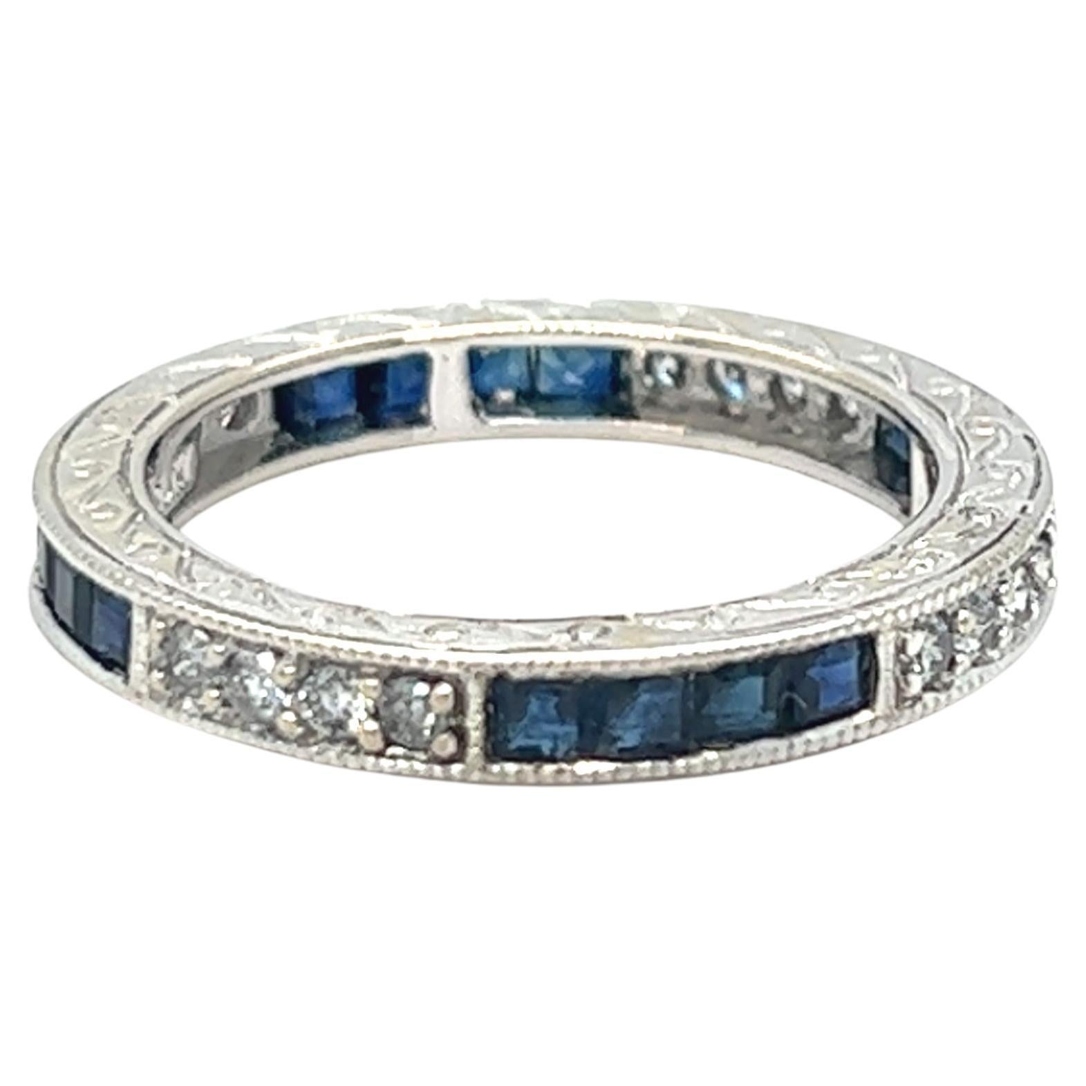 Vintage Square Sapphire and Diamond Channel Set Eternity Ring 18K White Gold For Sale