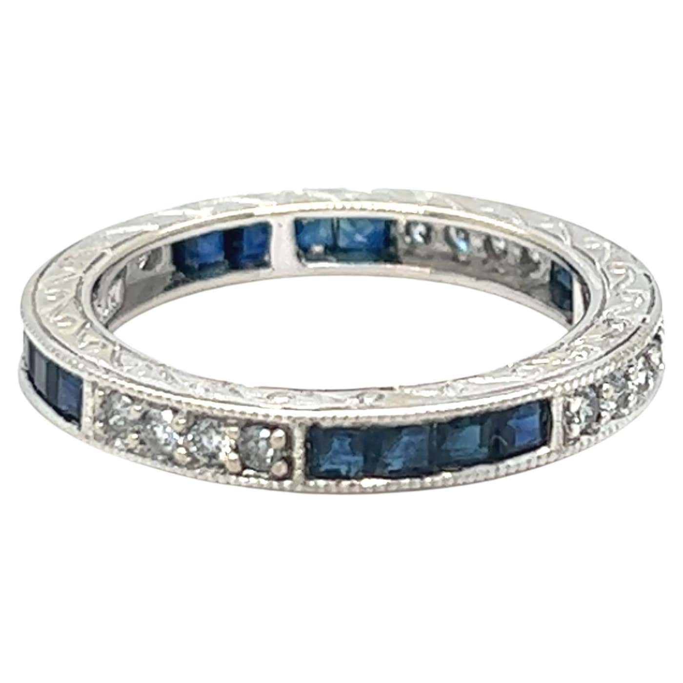 Channel Setting Round Antique Square Sapphire and Diamond Channel Set Eternity Ring 18K White ...