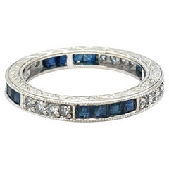 Vintage Square Sapphire and Diamond Channel Set Eternity Ring 18K White Gold
