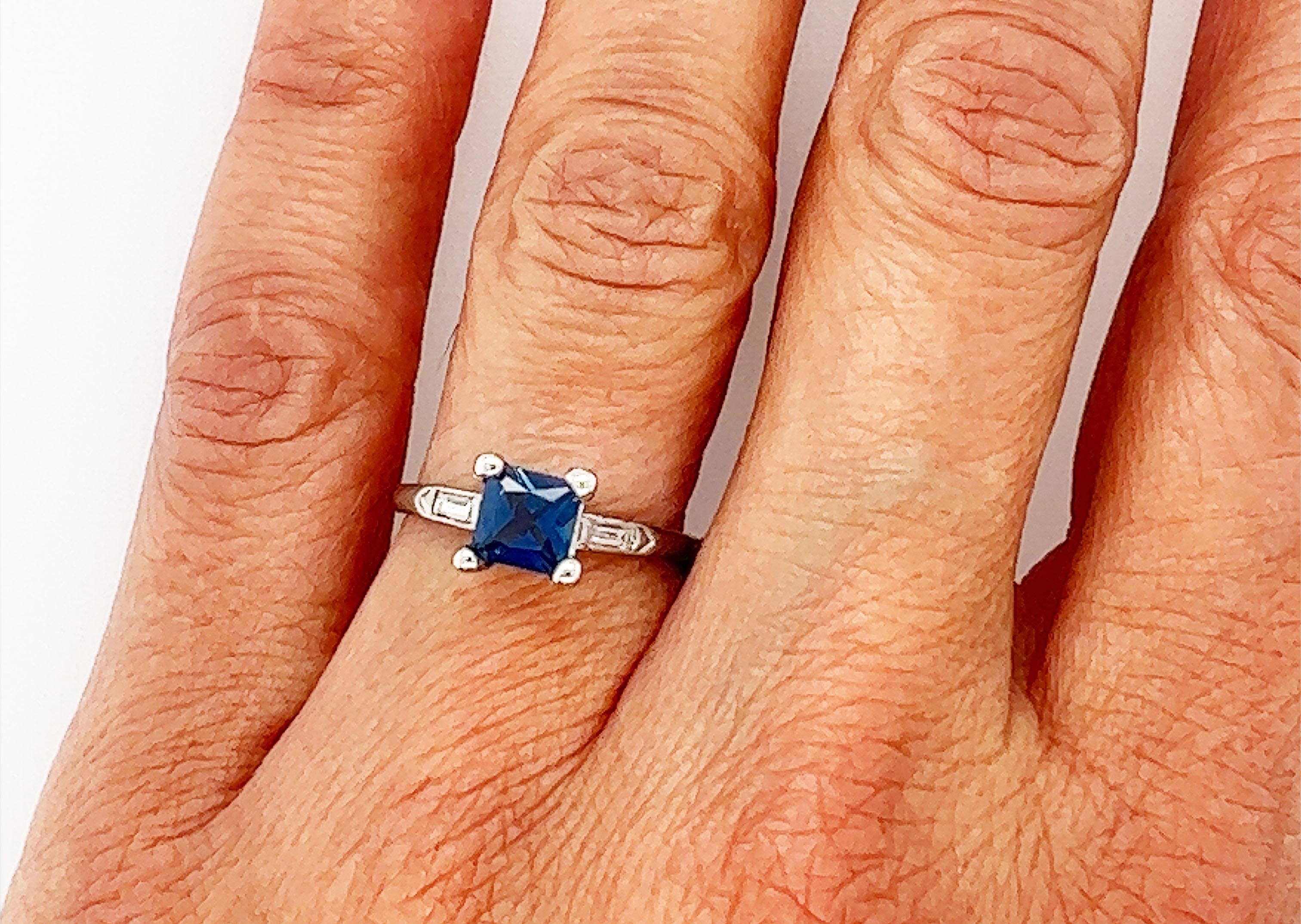 Art Deco Vintage Square Sapphire Diamond Engagement Ring .96ct Platinum Antique Deco For Sale