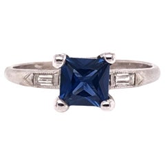 Vintage Square Sapphire Diamond Engagement Ring .96ct Platinum Antique Deco