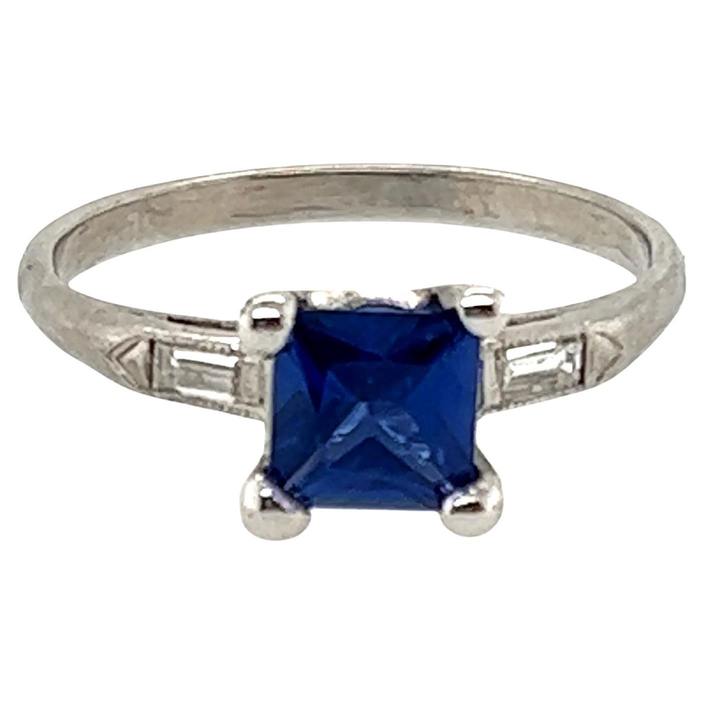 Vintage Square Sapphire Diamond Engagement Ring .96ct Platinum Antique Deco For Sale