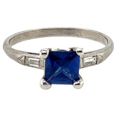 Vintage Square Sapphire Diamond Engagement Ring .96ct Platinum Antique Deco