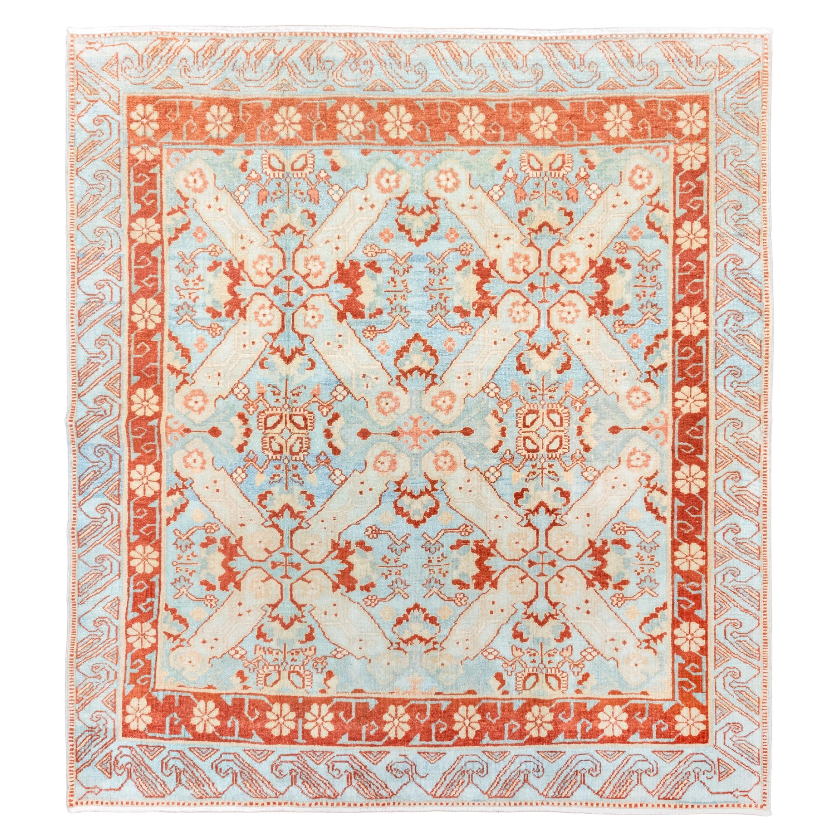 Tappeto Sarab quadrato vintage con fondo blu pallido e dettagli in ruggine in vendita
