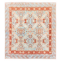 Vintage Square Sarab Rug with Pale Blue Ground and Rust Details
