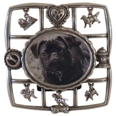 Vintage Square Silver Tone Small Picture Frame with Dog Charms
