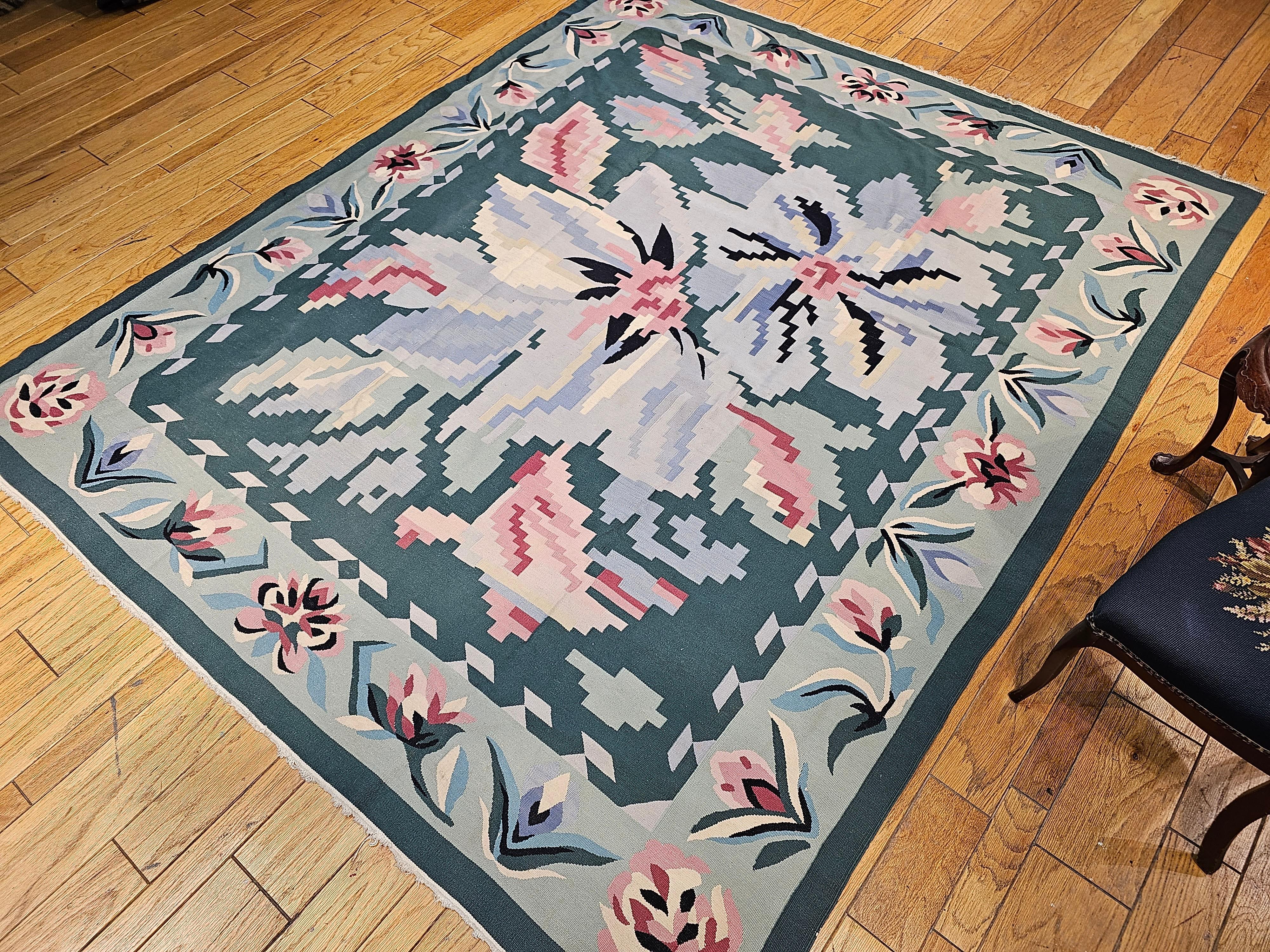 Vintage Square Size Kilim in Floral Pattern in Pastel Colors Green, Ivory, Pink For Sale 7