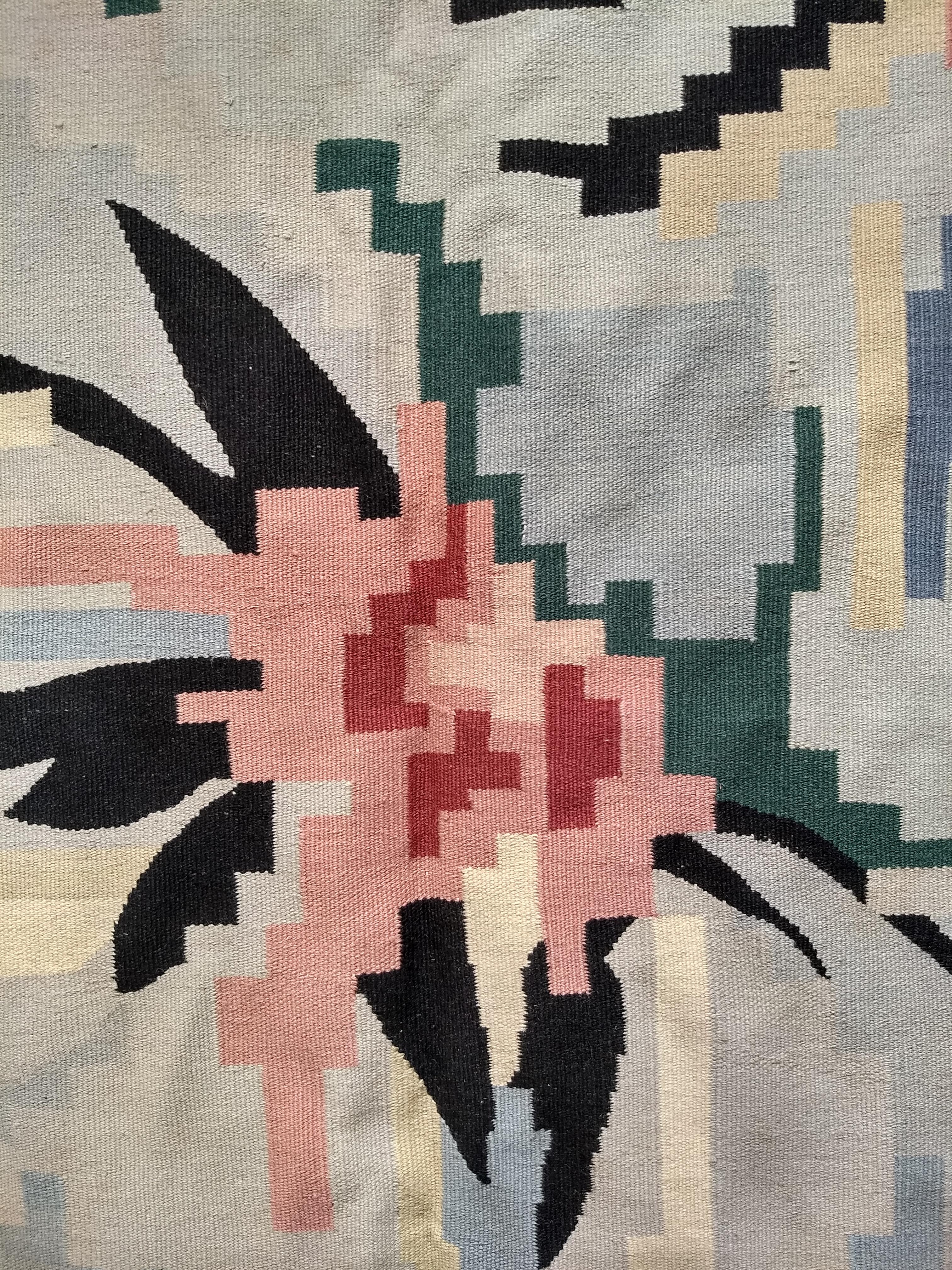 Vintage Square Size Kilim in Floral Pattern in Pastel Colors Green, Ivory, Pink For Sale 4