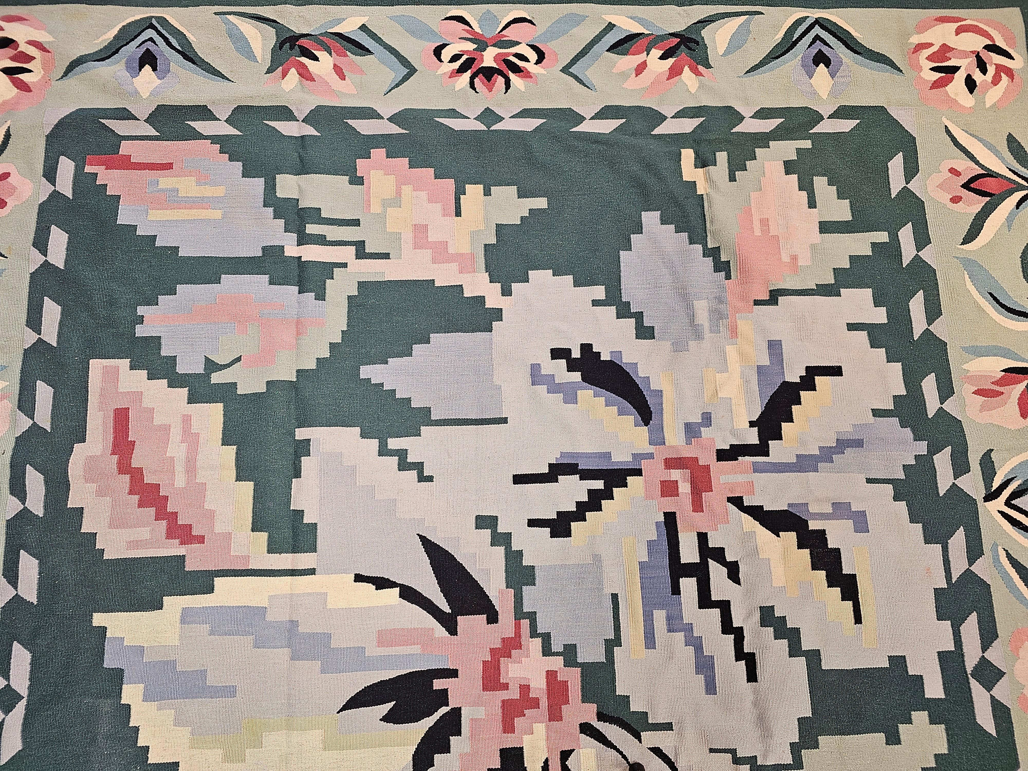 Vintage Square Size Kilim in Floral Pattern in Pastel Colors Green, Ivory, Pink In Good Condition For Sale In Barrington, IL